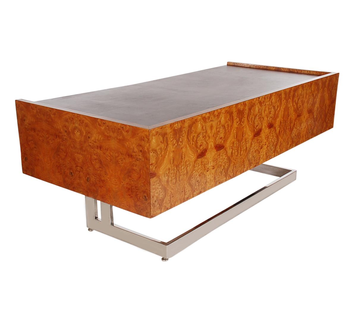 Late 20th Century Monumental Cantilevered Mid-Century Modern Executive Desk in Burl and Chrome