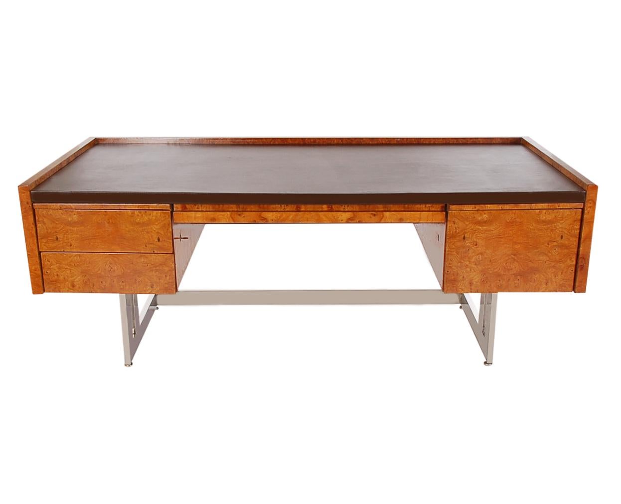 Leather Monumental Cantilevered Mid-Century Modern Executive Desk in Burl and Chrome