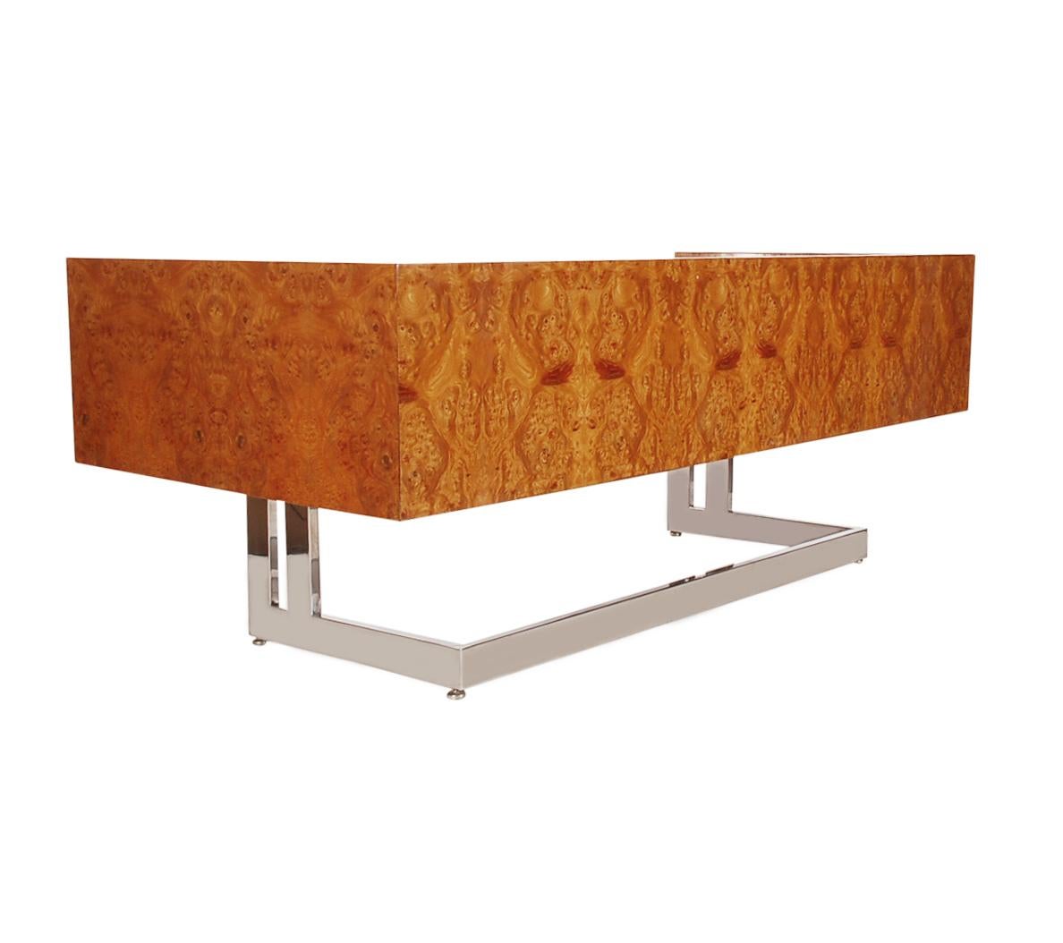 Monumental Cantilevered Mid-Century Modern Executive Desk in Burl and Chrome 1