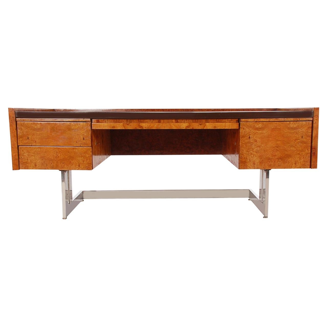Monumental Cantilevered Mid-Century Modern Executive Desk in Burl and Chrome