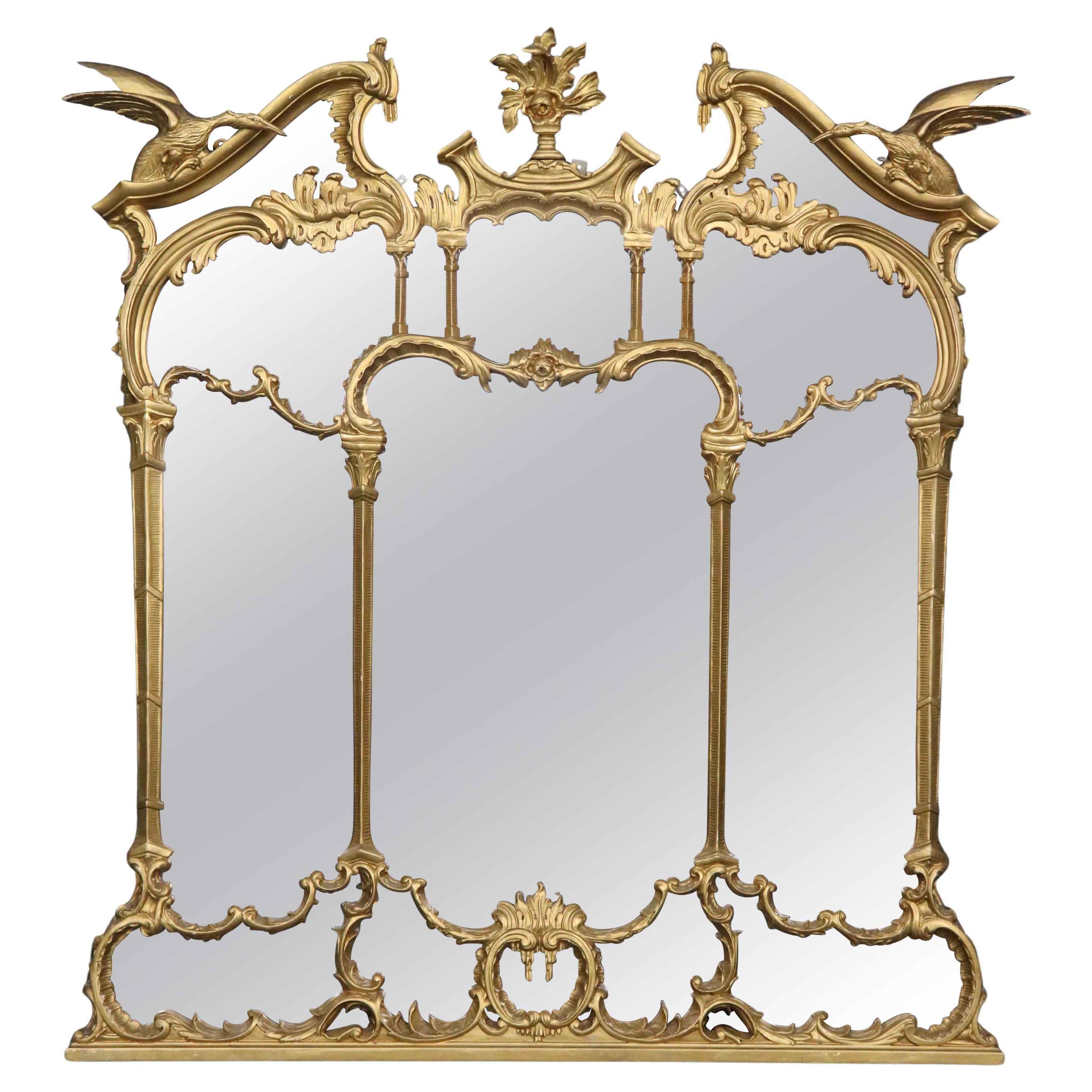 Monumental Carved Dragons Chinese Chippendale Giltwood Mantel Buffet Mirror