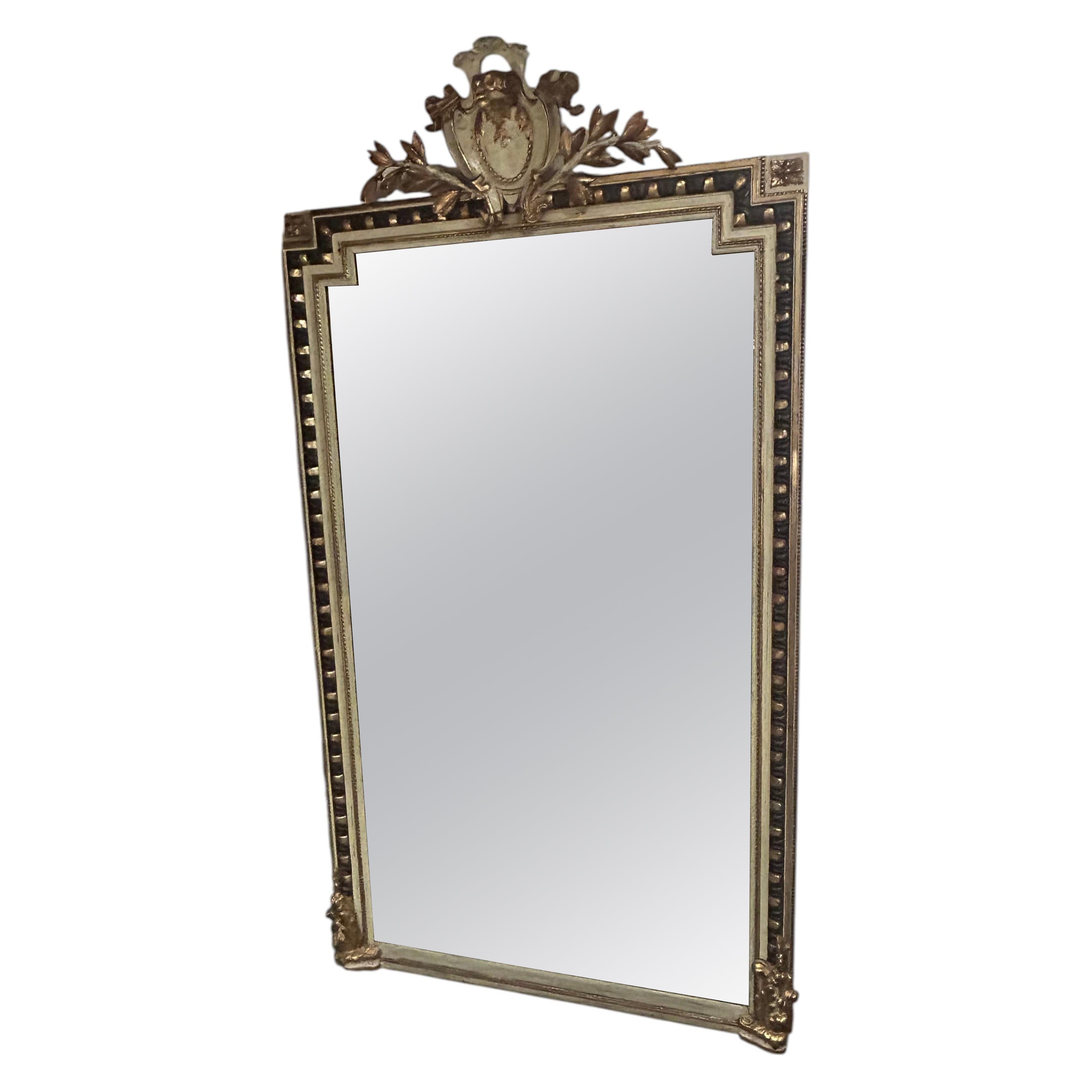 Monumental Carved French Painted Gilded Wood Mirror