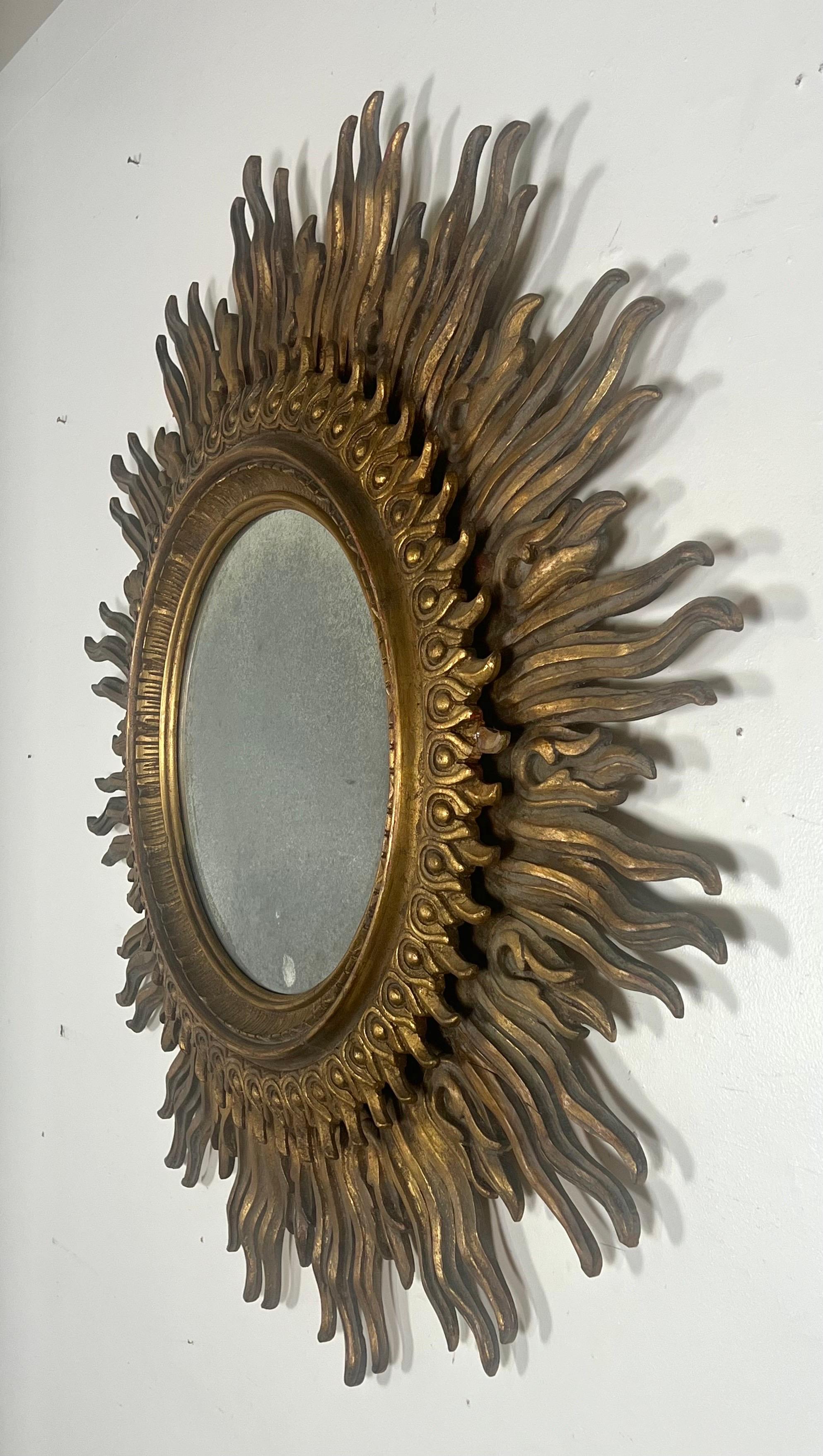 Monumental Carved Gilt Wood Sunburst Mirror For Sale 6