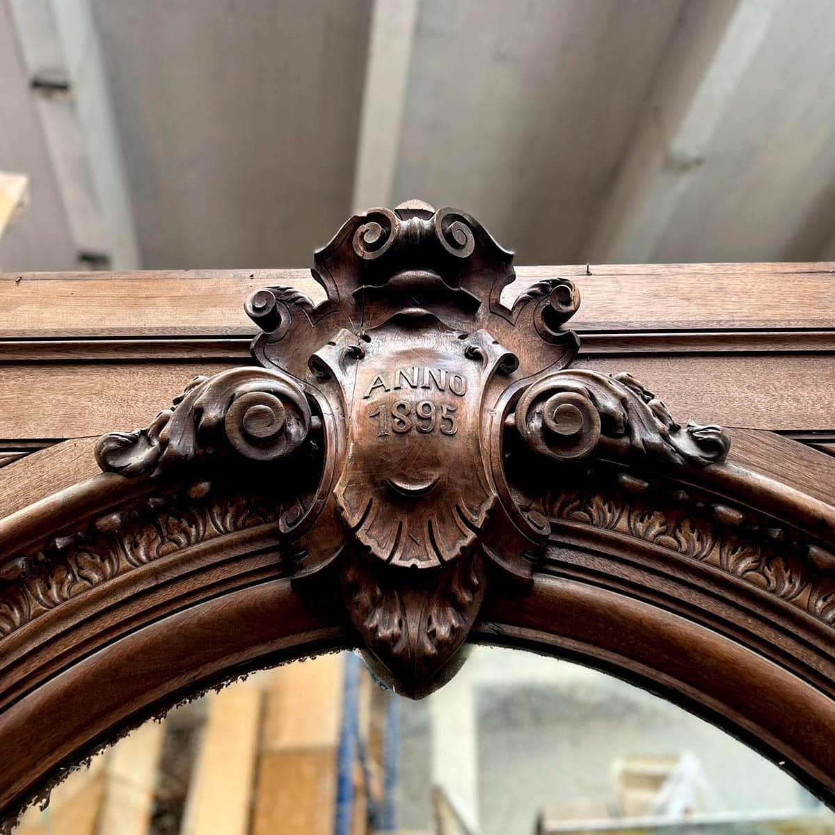 Monumental Carved Oak Trumeau Mirror, Dated 1895 For Sale 1
