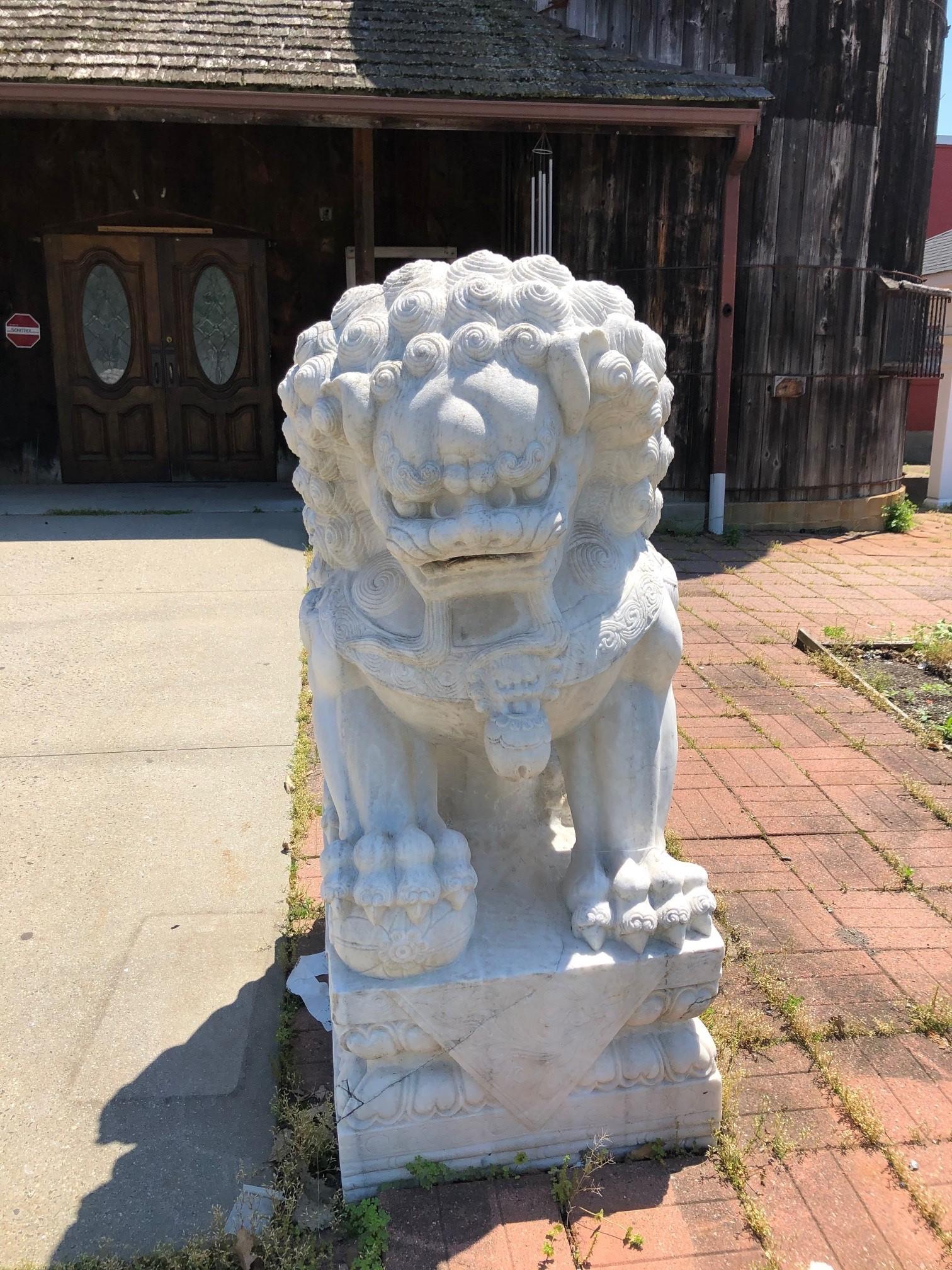 Chinese Monumental Carved Pair of Marble Foo Dogs from China For Sale