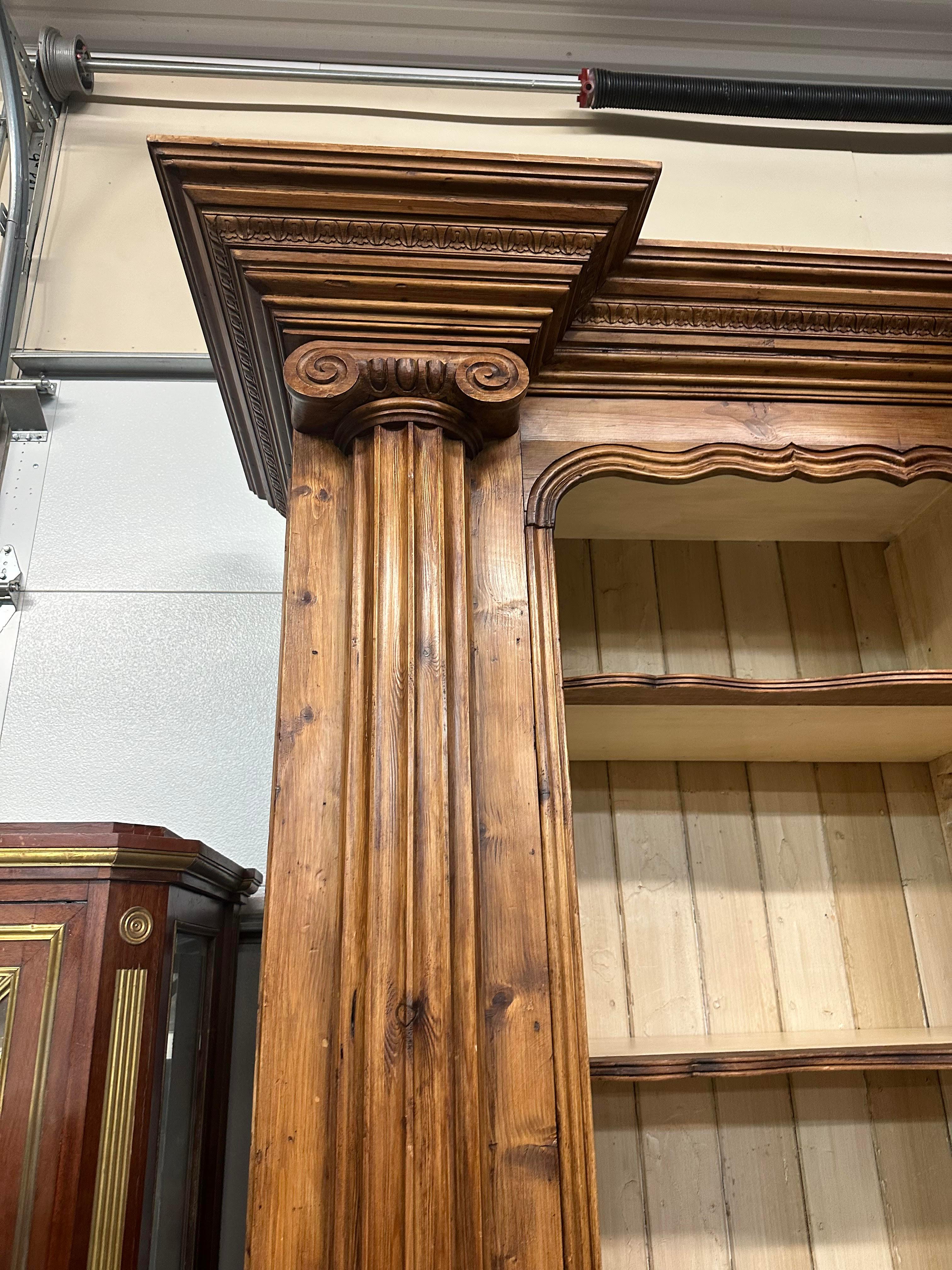Monumental Carved Pine English Country Paint Decorated Bookshelf Bookcase For Sale 5