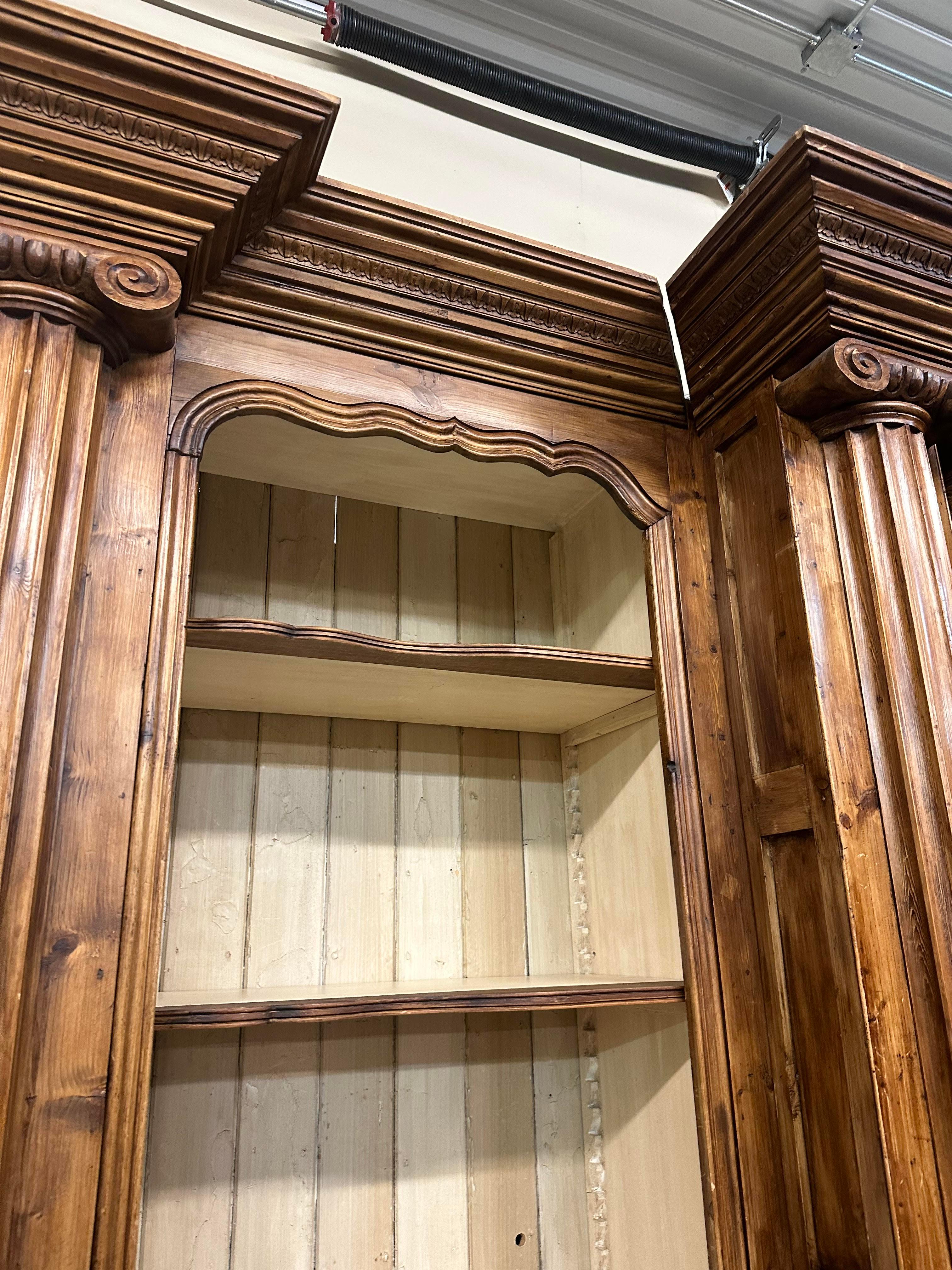 Monumental Carved Pine English Country Paint Decorated Bookshelf Bookcase For Sale 6