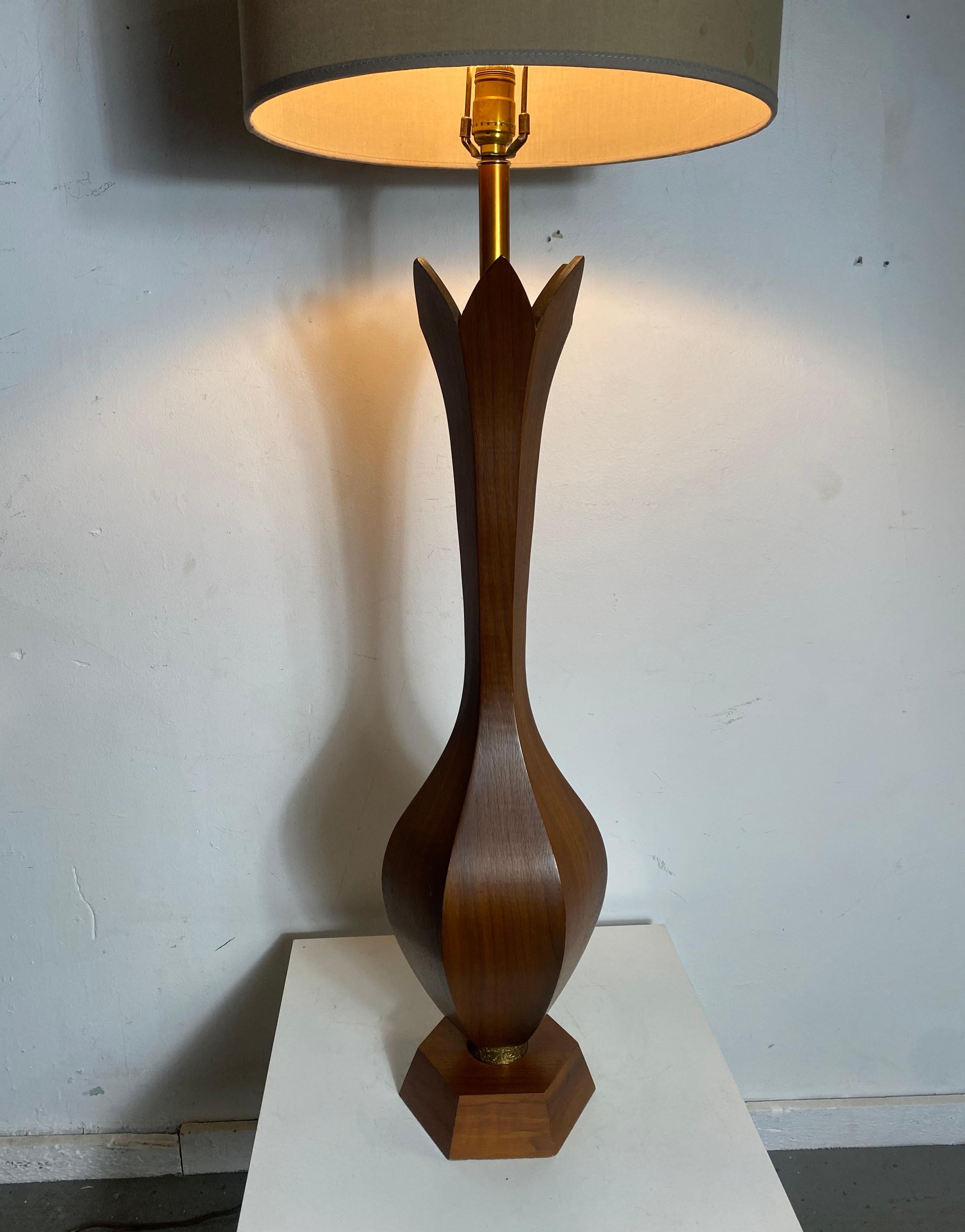 Monumental, most unusual. Carved Sculpted Walnut Modernist table lamp, Italy. Amazing example of modernist design..