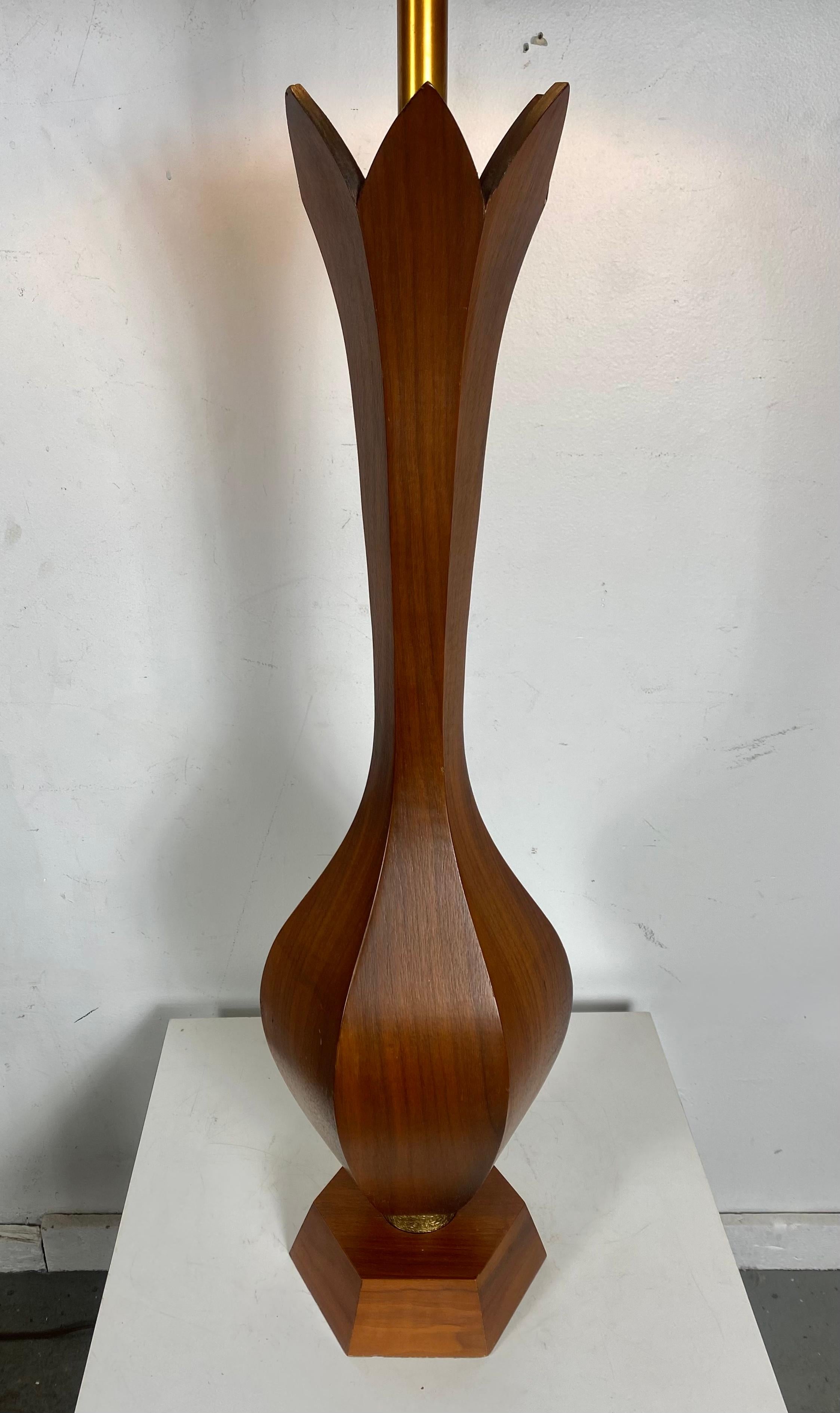 Brass Monumental Carved Sculpted Walnut Modernist Table Lamp, Italy For Sale