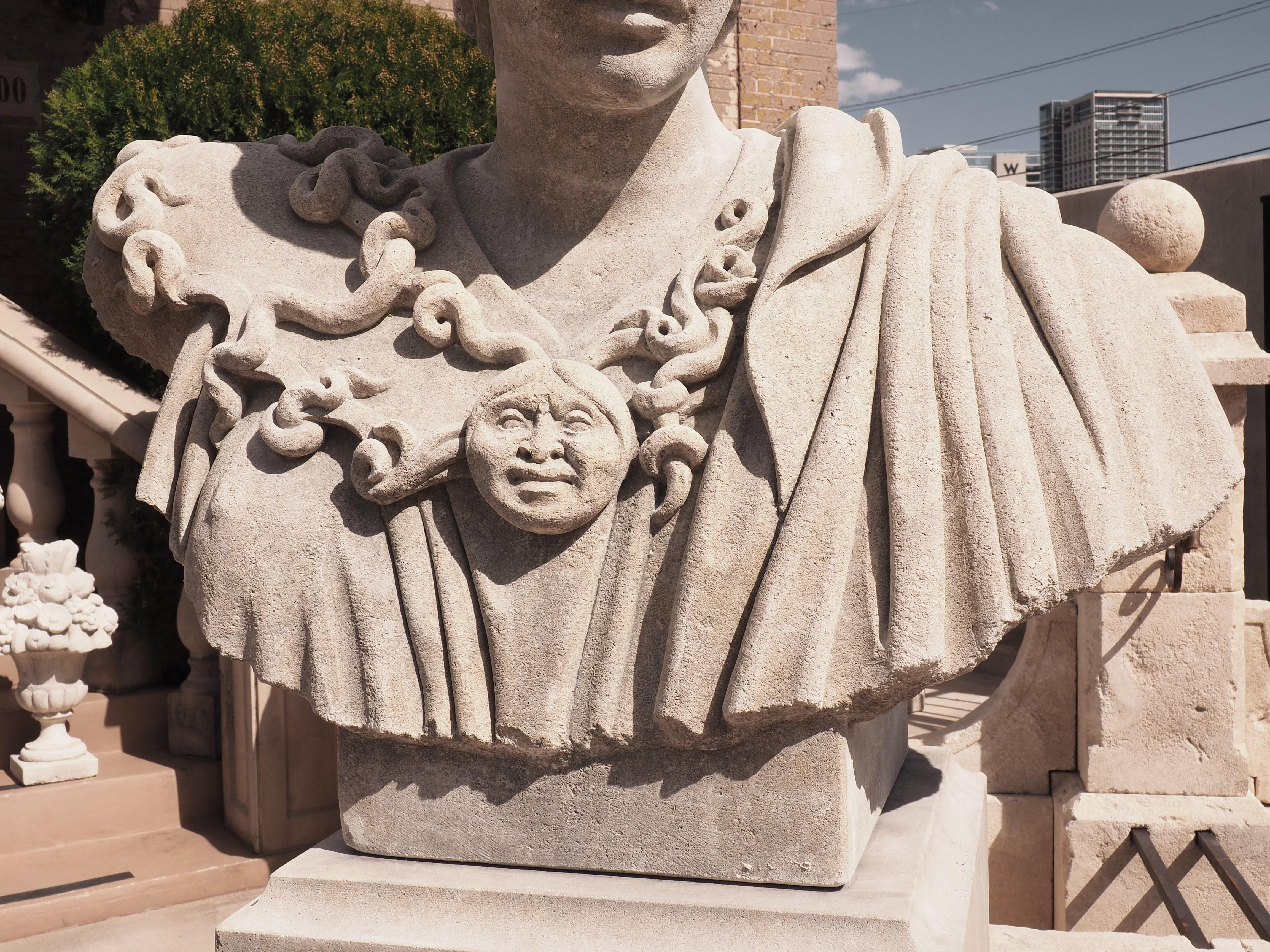 Italian Monumental Carved Stone Bust of Athena of Velletri on 2-Piece Plinth