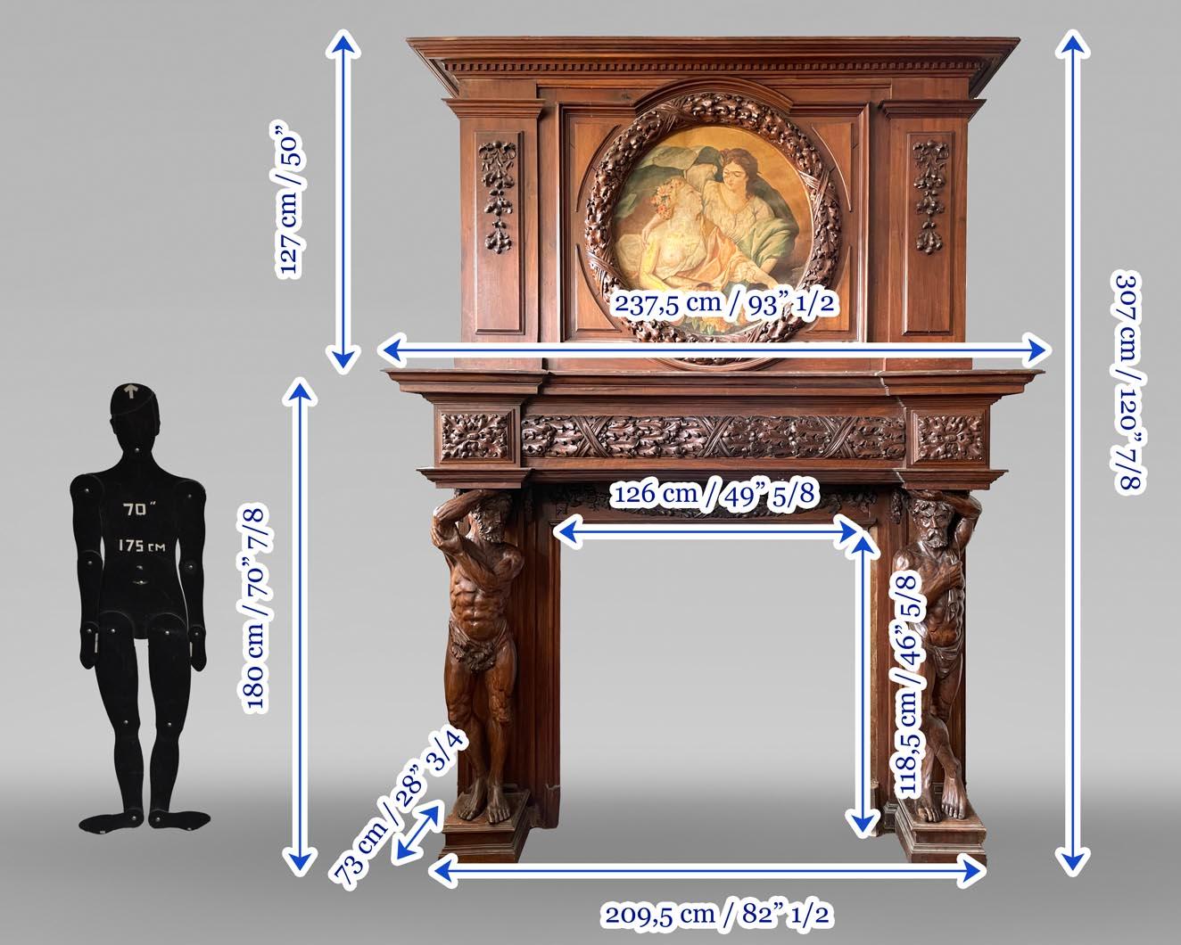Monumental carved walnut fireplace with atlantes and painted medallion For Sale 4