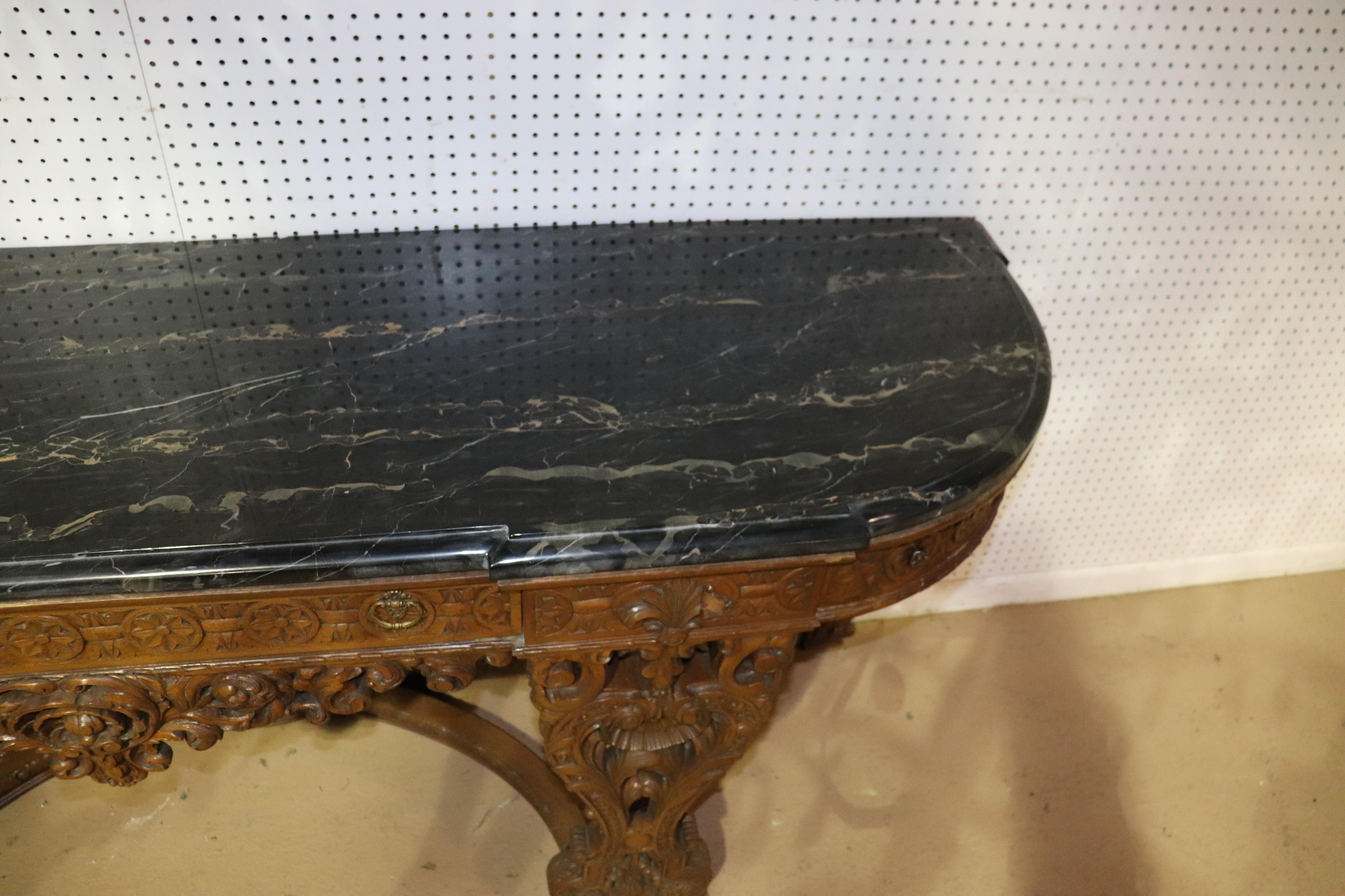 Monumental Carved Walnut French Portoro Marble Top Sideboard Buffet, circa 1920 7