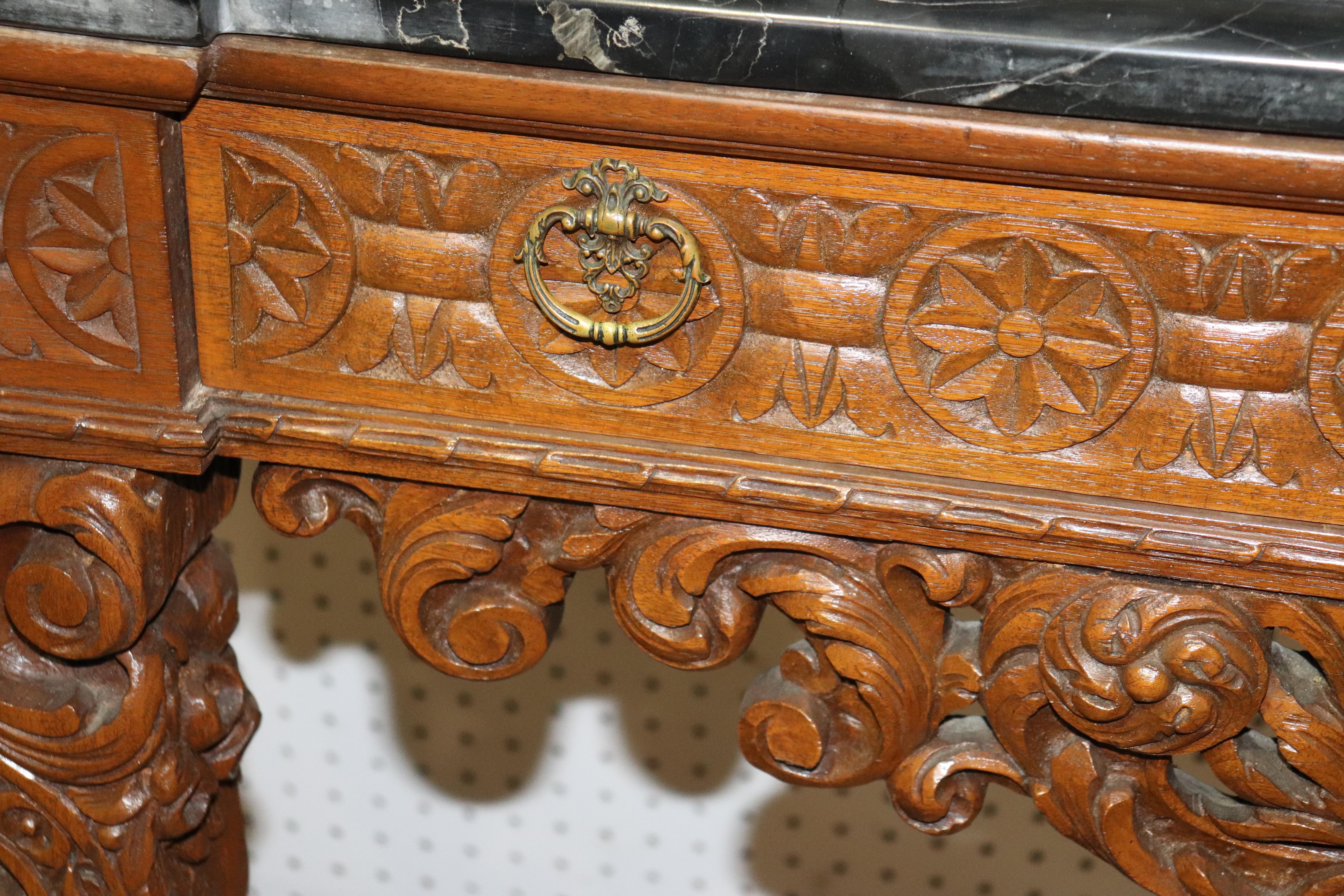 Monumental Carved Walnut French Portoro Marble Top Sideboard Buffet, circa 1920 13