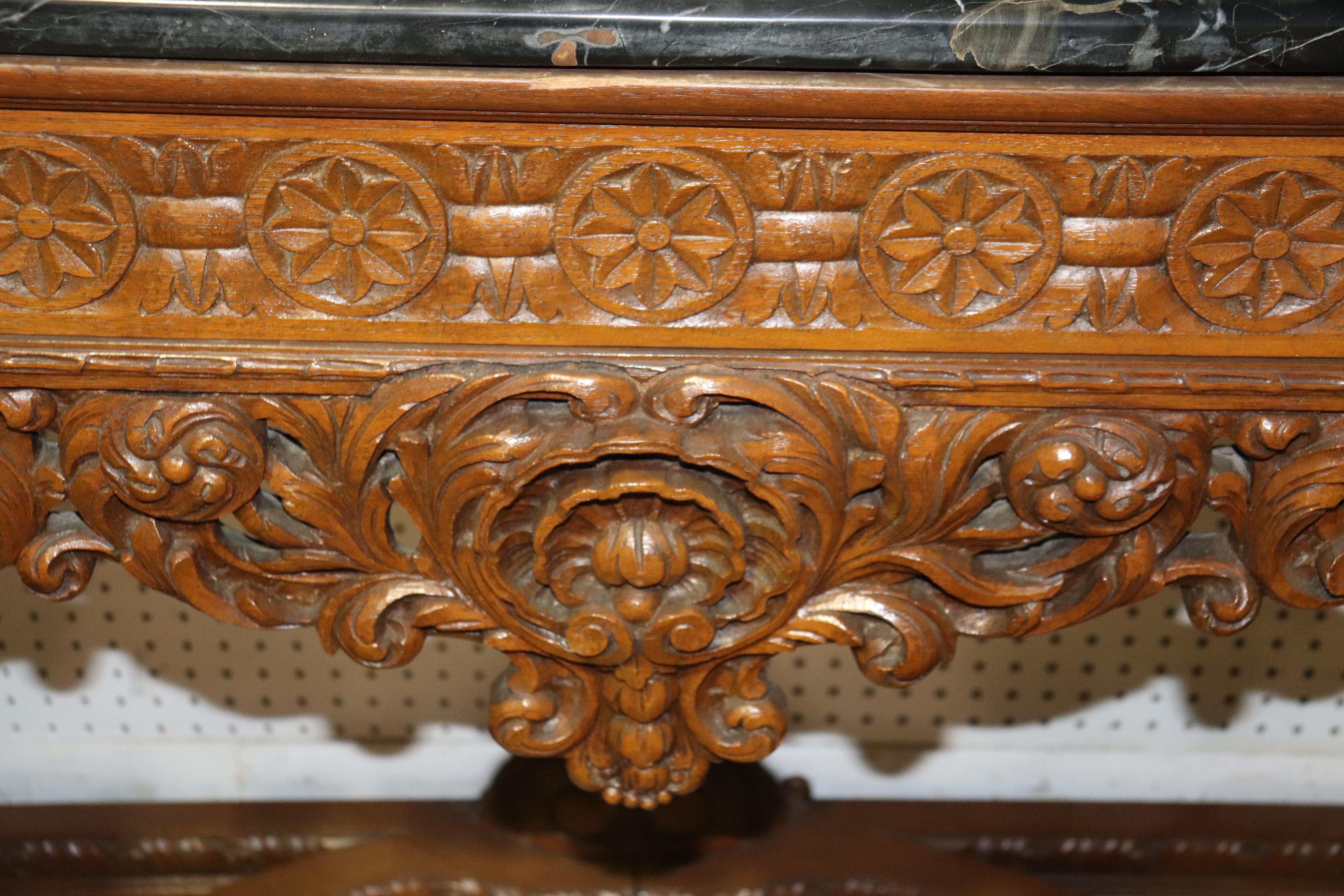 Monumental Carved Walnut French Portoro Marble Top Sideboard Buffet, circa 1920 14