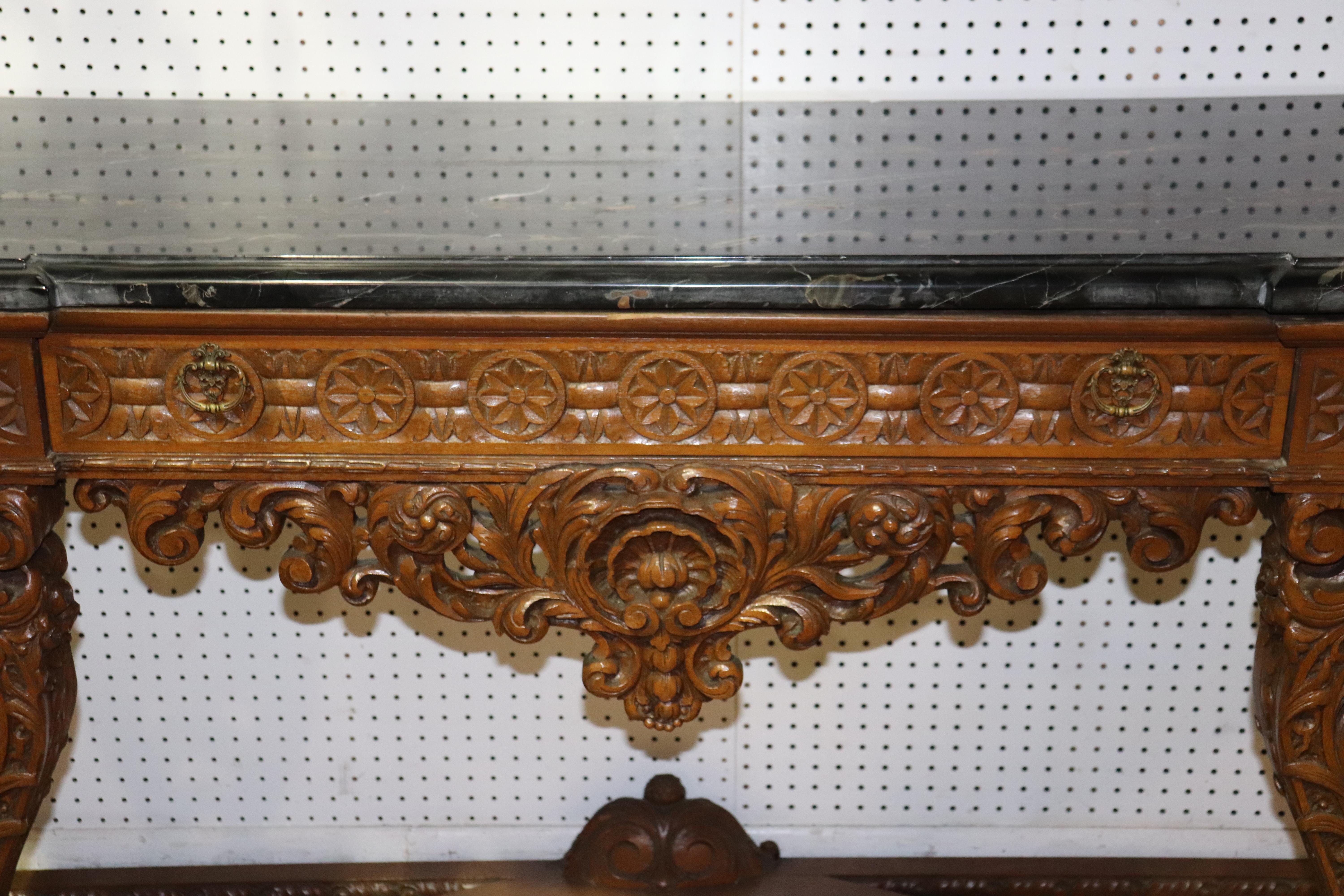 Monumental Carved Walnut French Portoro Marble Top Sideboard Buffet, circa 1920 1