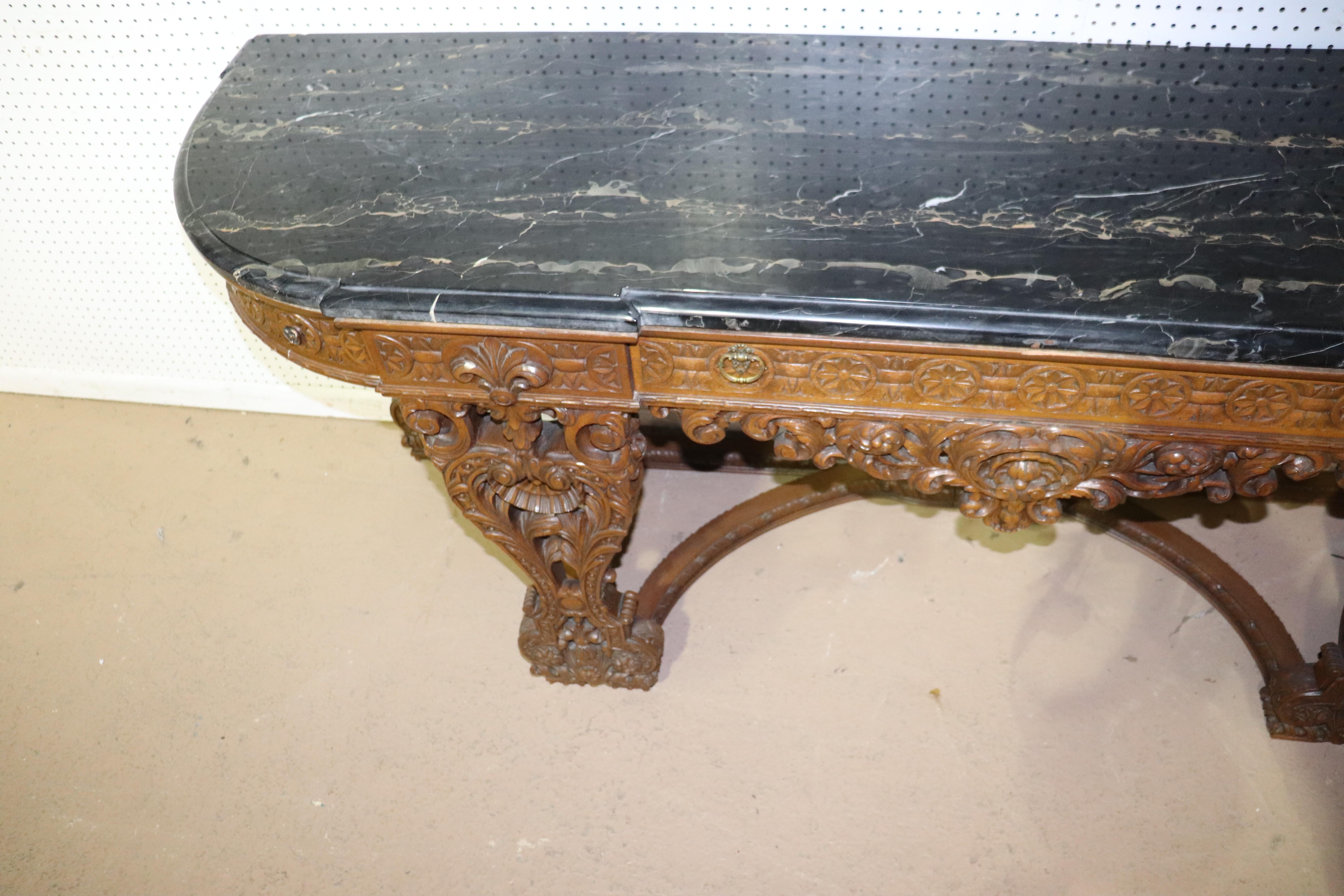 Monumental Carved Walnut French Portoro Marble Top Sideboard Buffet, circa 1920 4