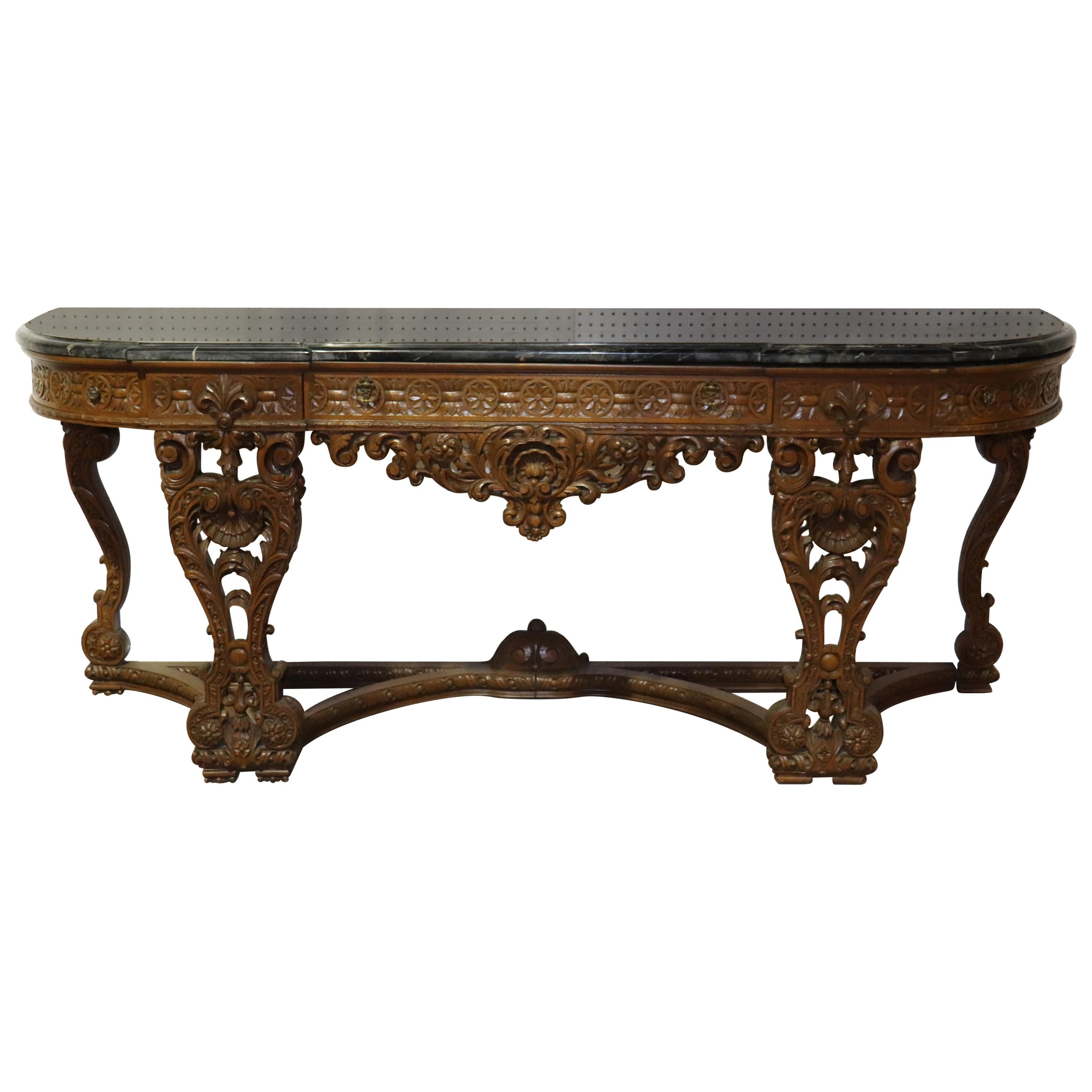 Monumental Carved Walnut French Portoro Marble Top Sideboard Buffet, circa 1920