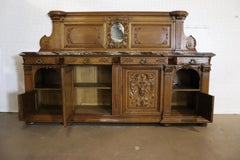 Monumental Carved Walnut Marble Top Sideboard Credenza Buffet