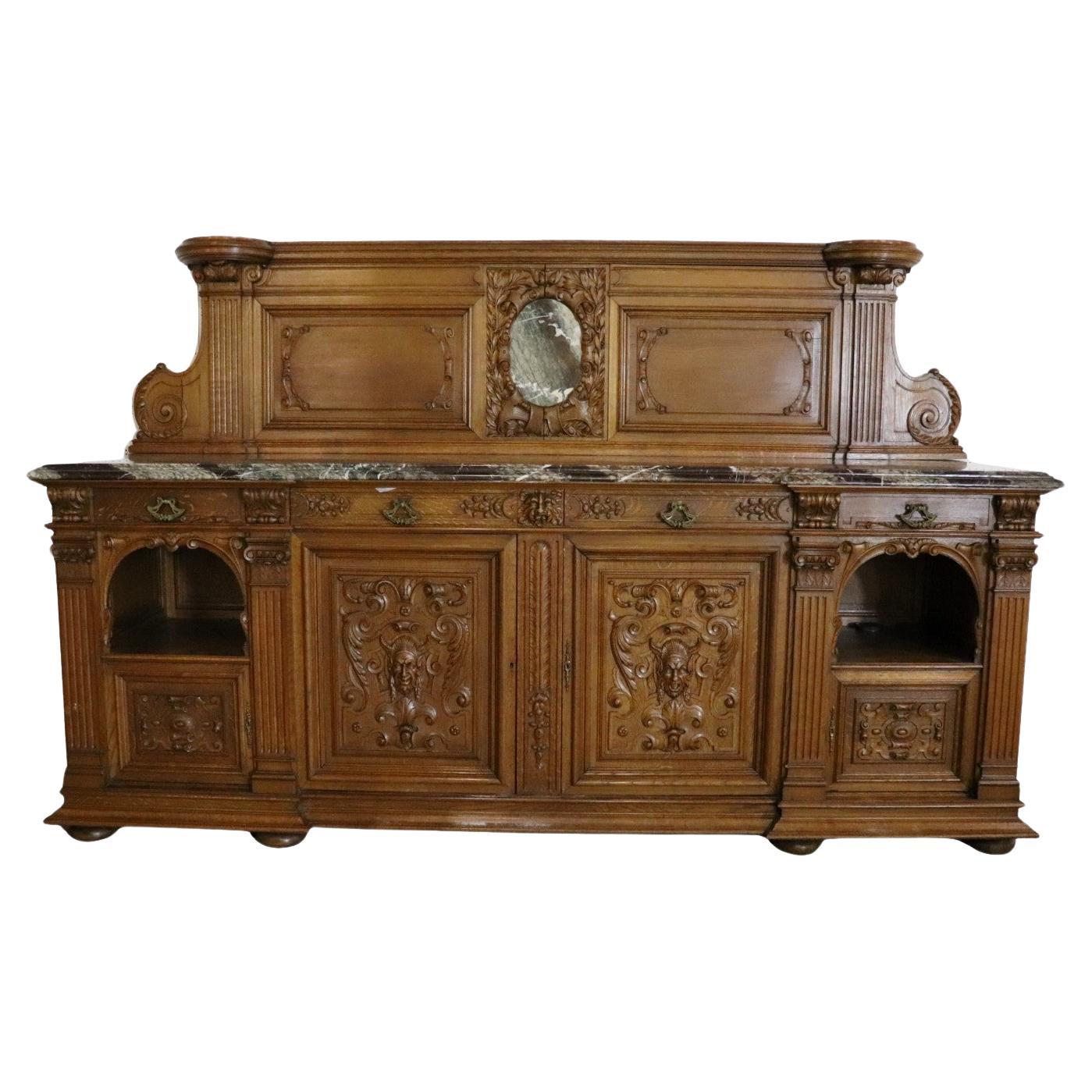 Monumental Carved Walnut Marble Top Sideboard Credenza Buffet For Sale