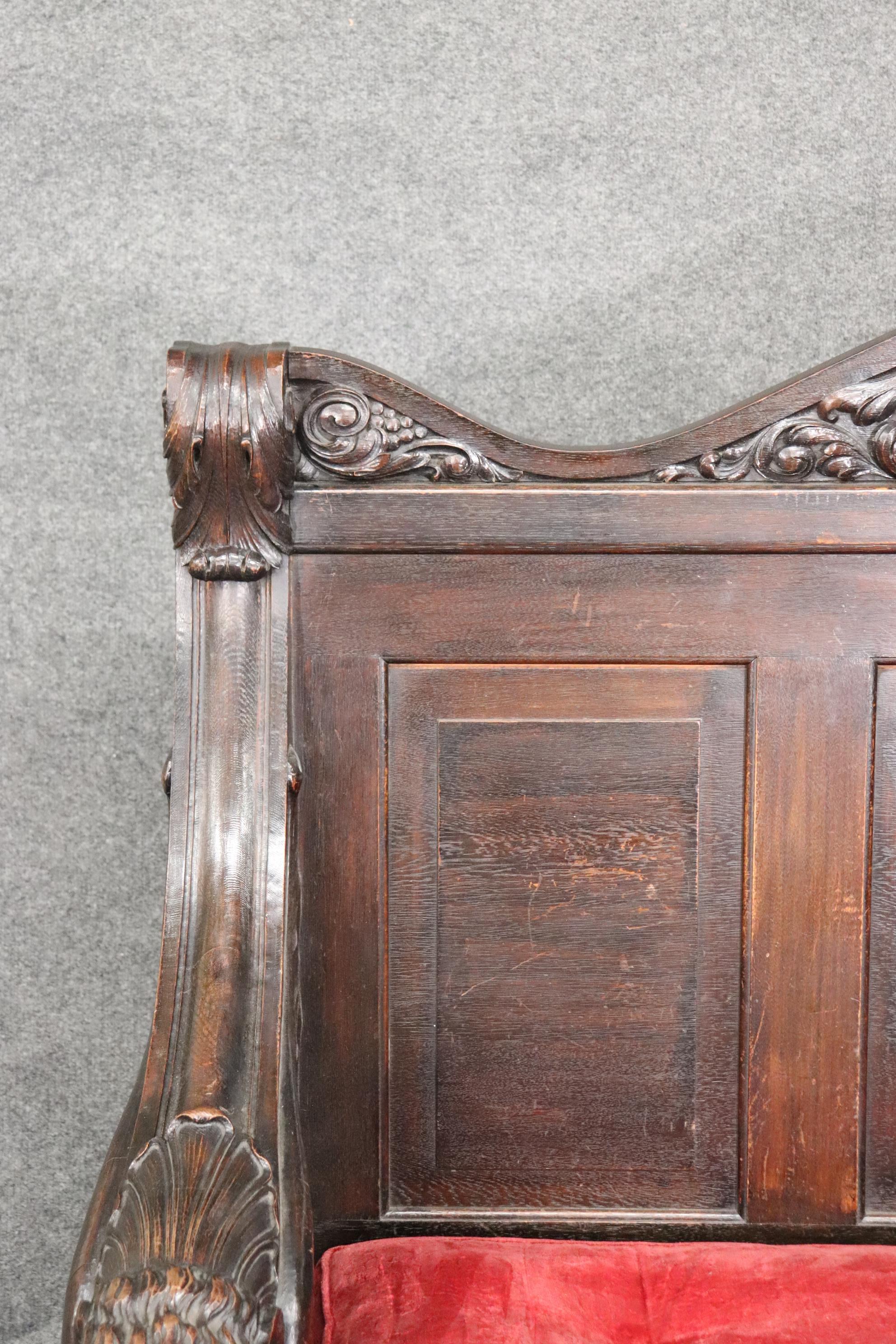 Monumental Carved Walnut Victorian Walnut Griffin Bench with Paw Feet circa 1890 For Sale 5