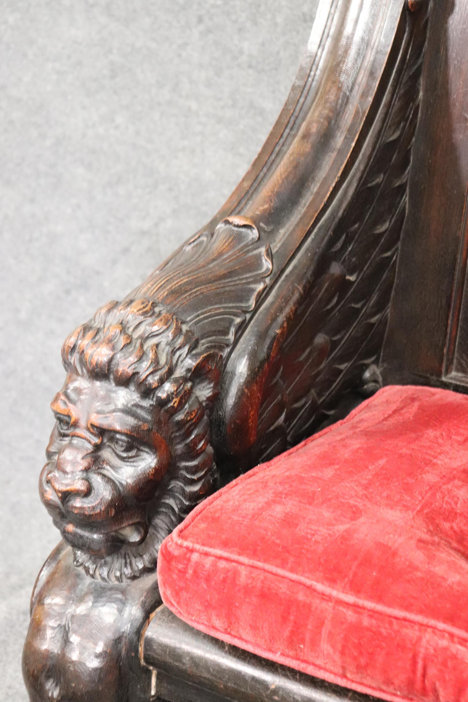 Monumental Carved Walnut Victorian Walnut Griffin Bench with Paw Feet circa 1890 For Sale 8