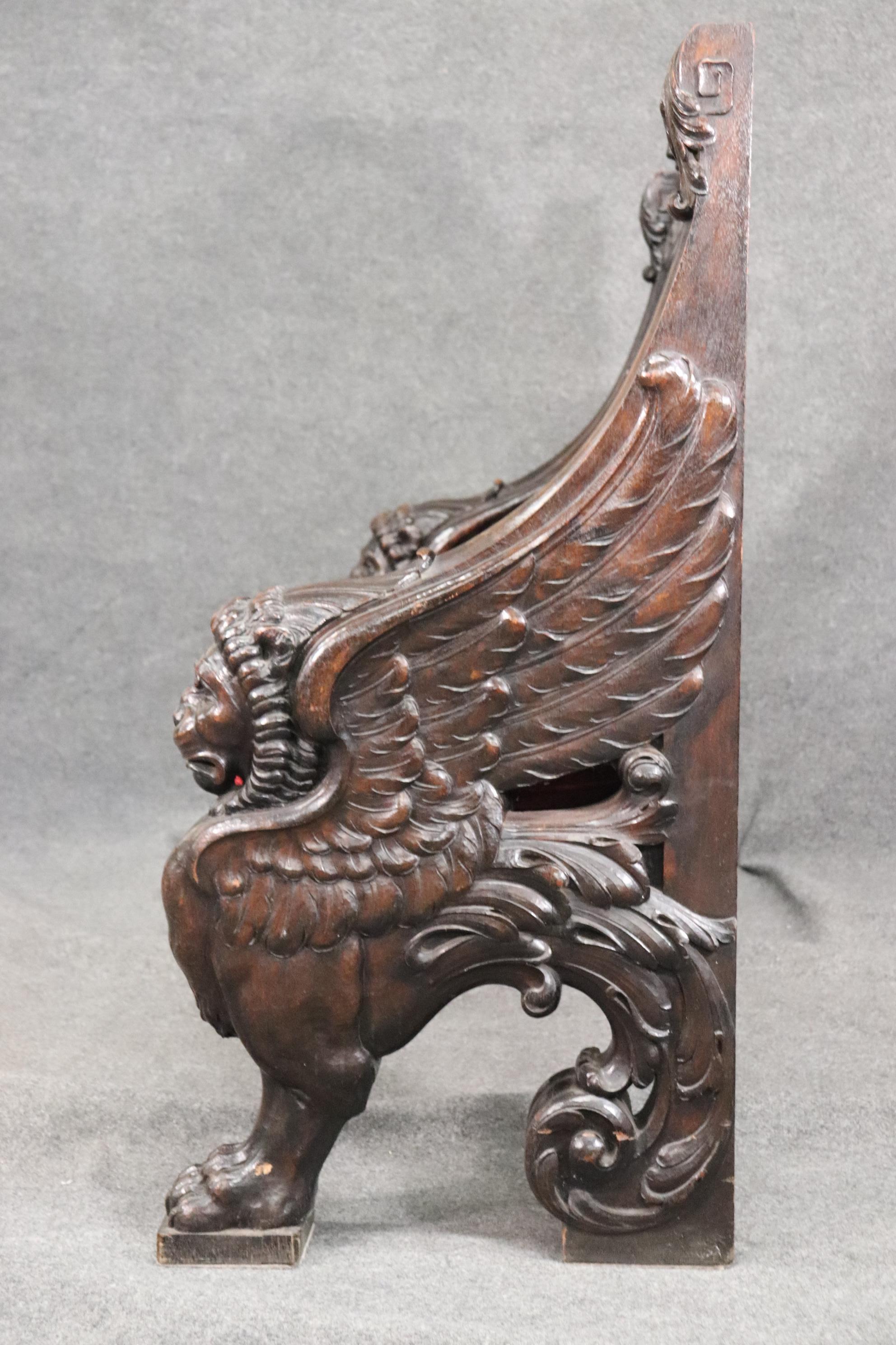 Monumental Carved Walnut Victorian Walnut Griffin Bench with Paw Feet circa 1890 For Sale 1