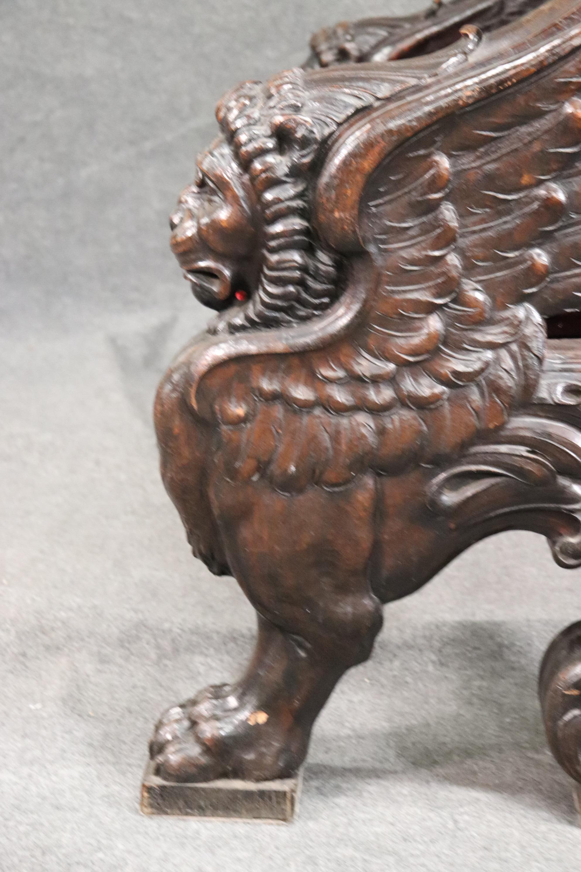 Monumental Carved Walnut Victorian Walnut Griffin Bench with Paw Feet circa 1890 For Sale 2