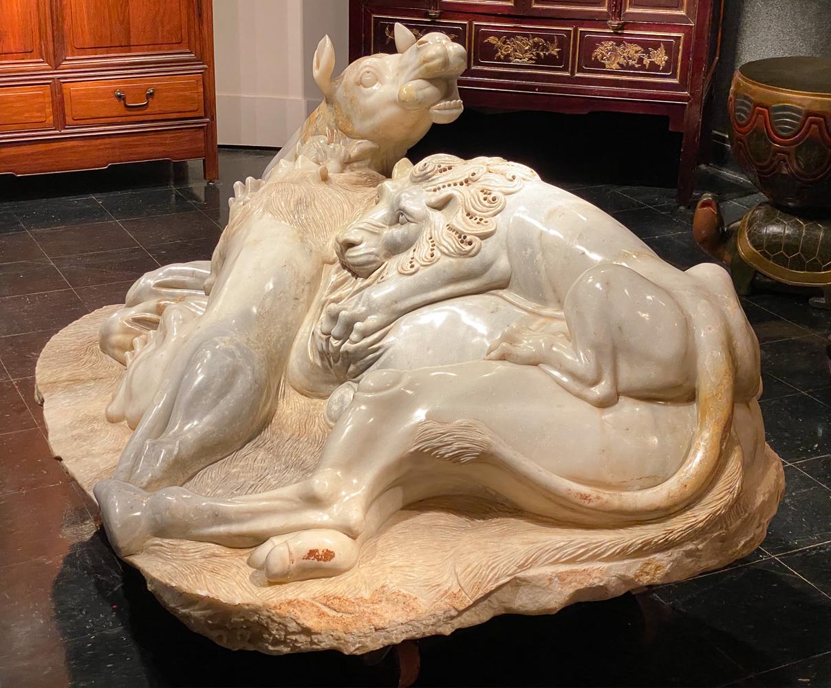 Monumental Carved White Marble Animalier Sculpture Group In Good Condition In Dallas, TX