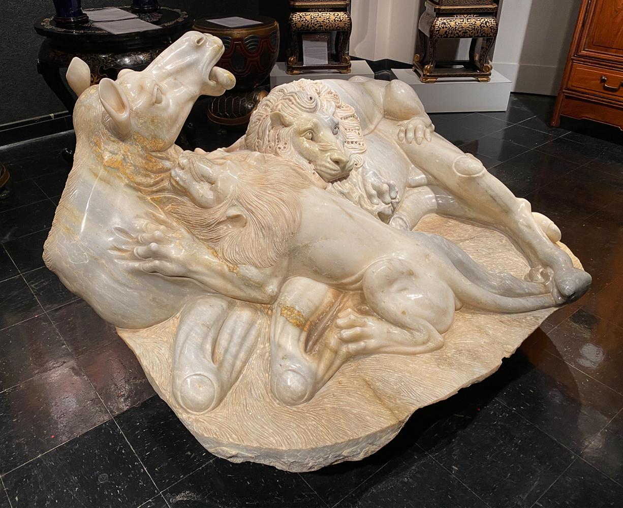 19th Century Monumental Carved White Marble Animalier Sculpture Group