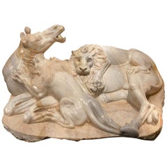 Monumental Carved White Marble Animalier Sculpture Group