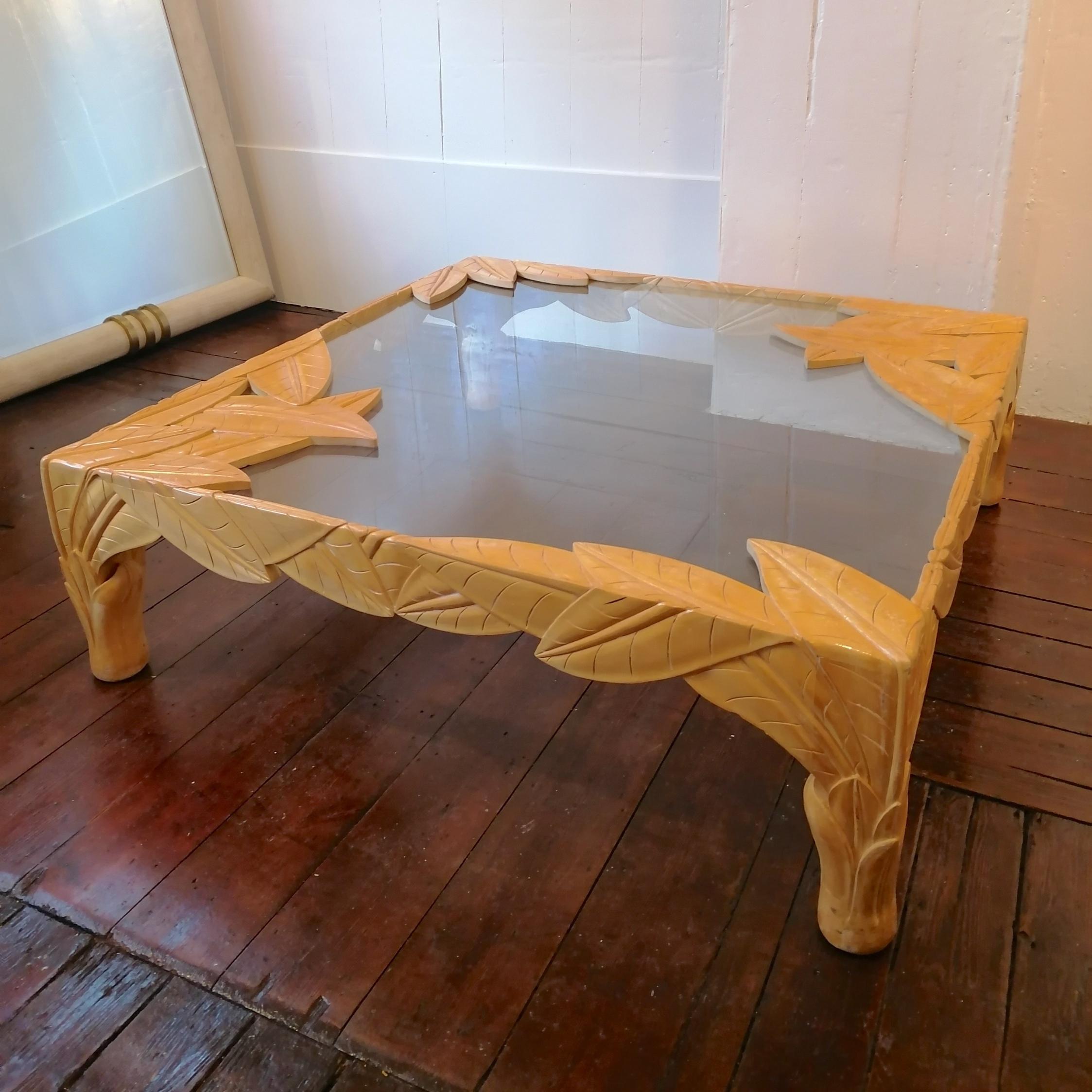 Bohemian Monumental carved wood leaves coffee table with inset glass top, USA 1980s For Sale