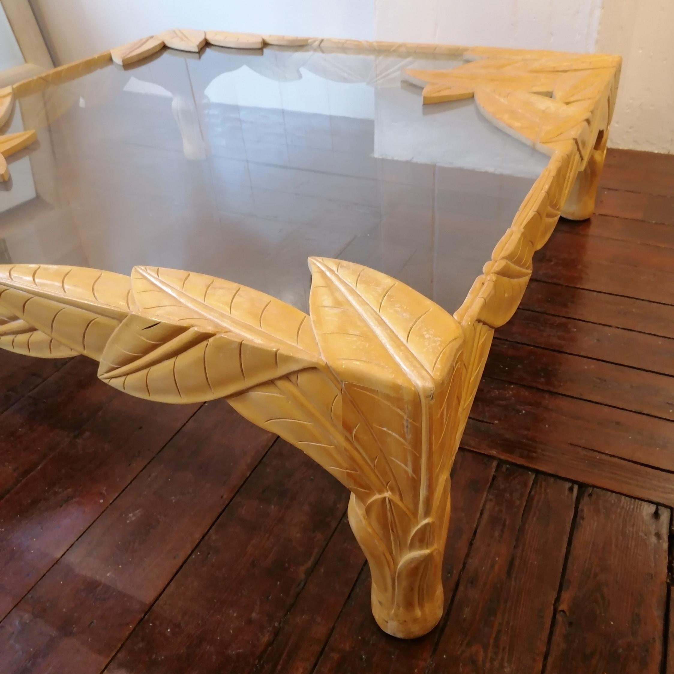 Glass Monumental carved wood leaves coffee table with inset glass top, USA 1980s For Sale