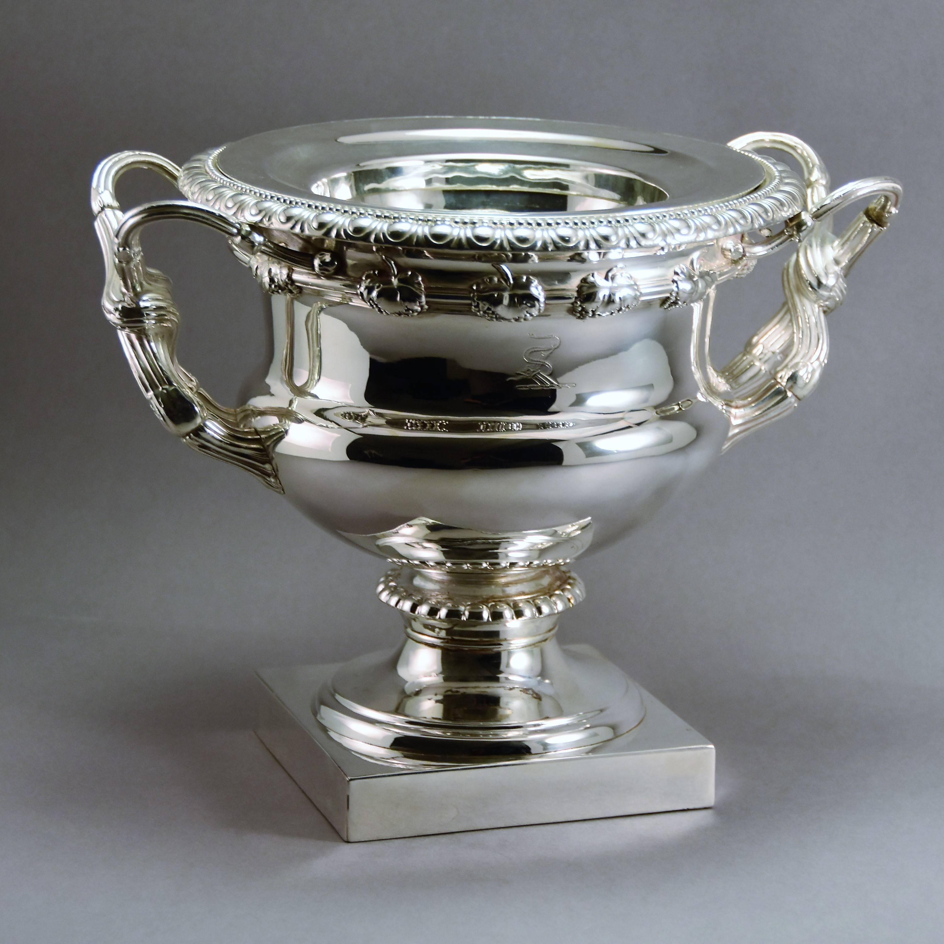 George III Monumental Cast and Silver Plated Magnum Champagne/Wine Cooler England, 1820 For Sale