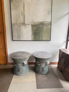 Monumental Cast Bronze Rain Drum Side Table Sculptural Patinated Finish