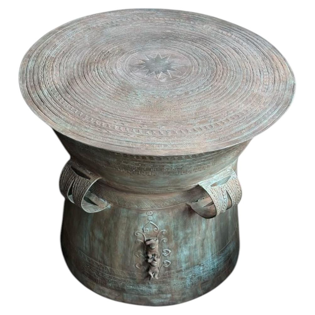 Monumental Cast Bronze Rain Drum Side Table Sculptural Patinated Finish For Sale