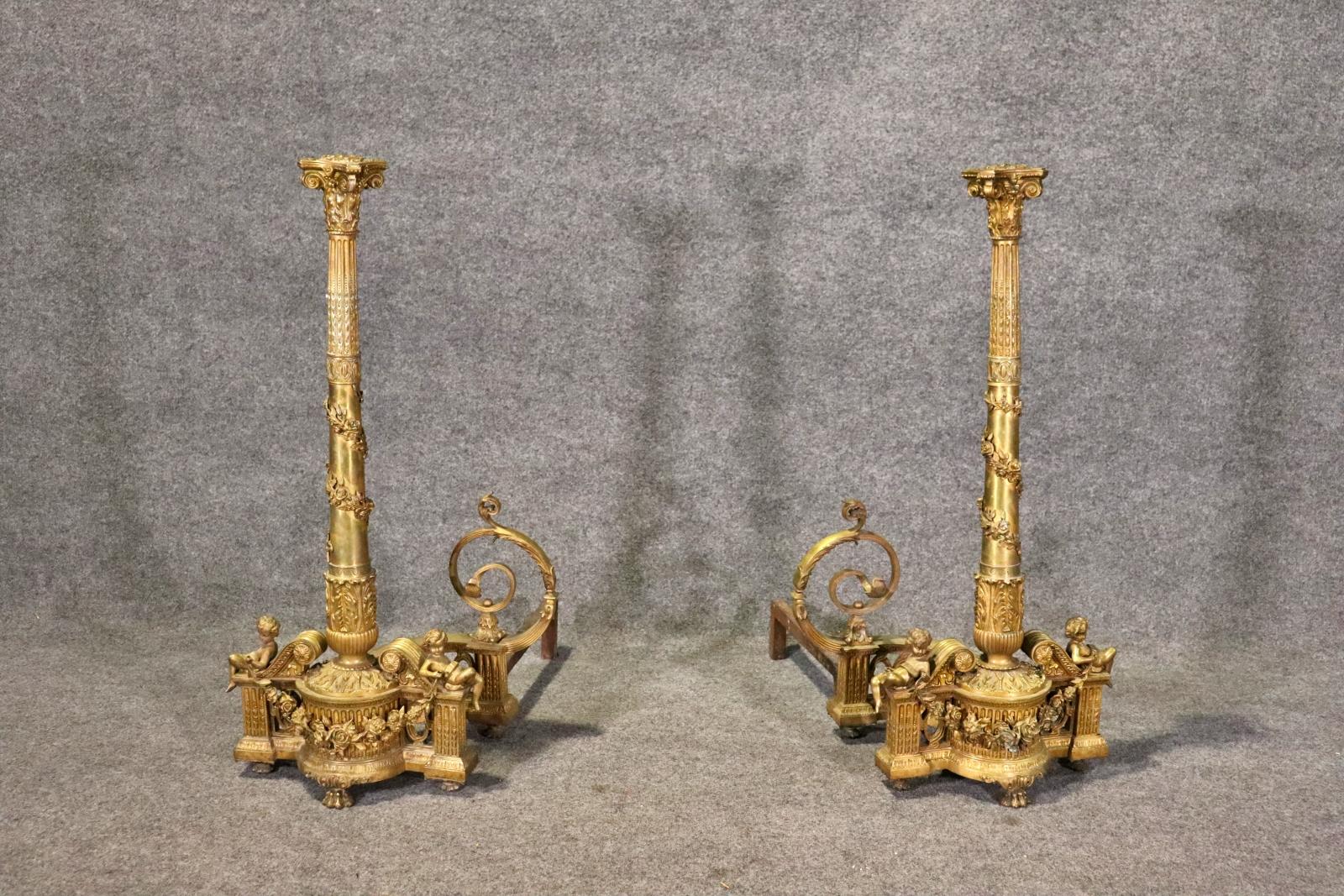 Monumental Cast Gilded Dor'e Bronze French Regence Andirons with Cherubs  In Good Condition In Swedesboro, NJ