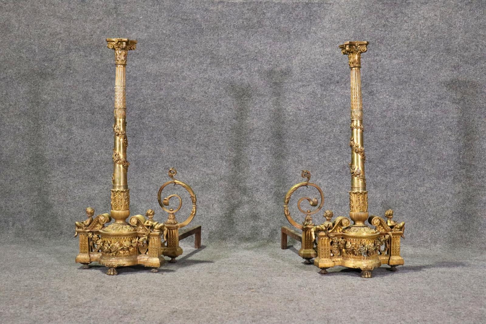 Early 20th Century Monumental Cast Gilded Dor'e Bronze French Regence Andirons with Cherubs 