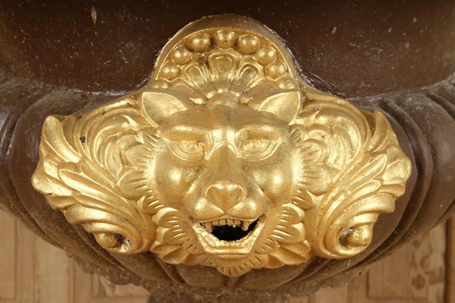 Monumental Cast Iron Garden Urn Lion Masks Relief In Good Condition For Sale In Washington Crossing, PA