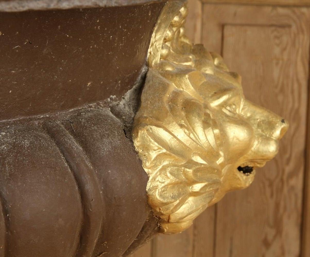 20th Century Monumental Cast Iron Garden Urn Lion Masks Relief For Sale