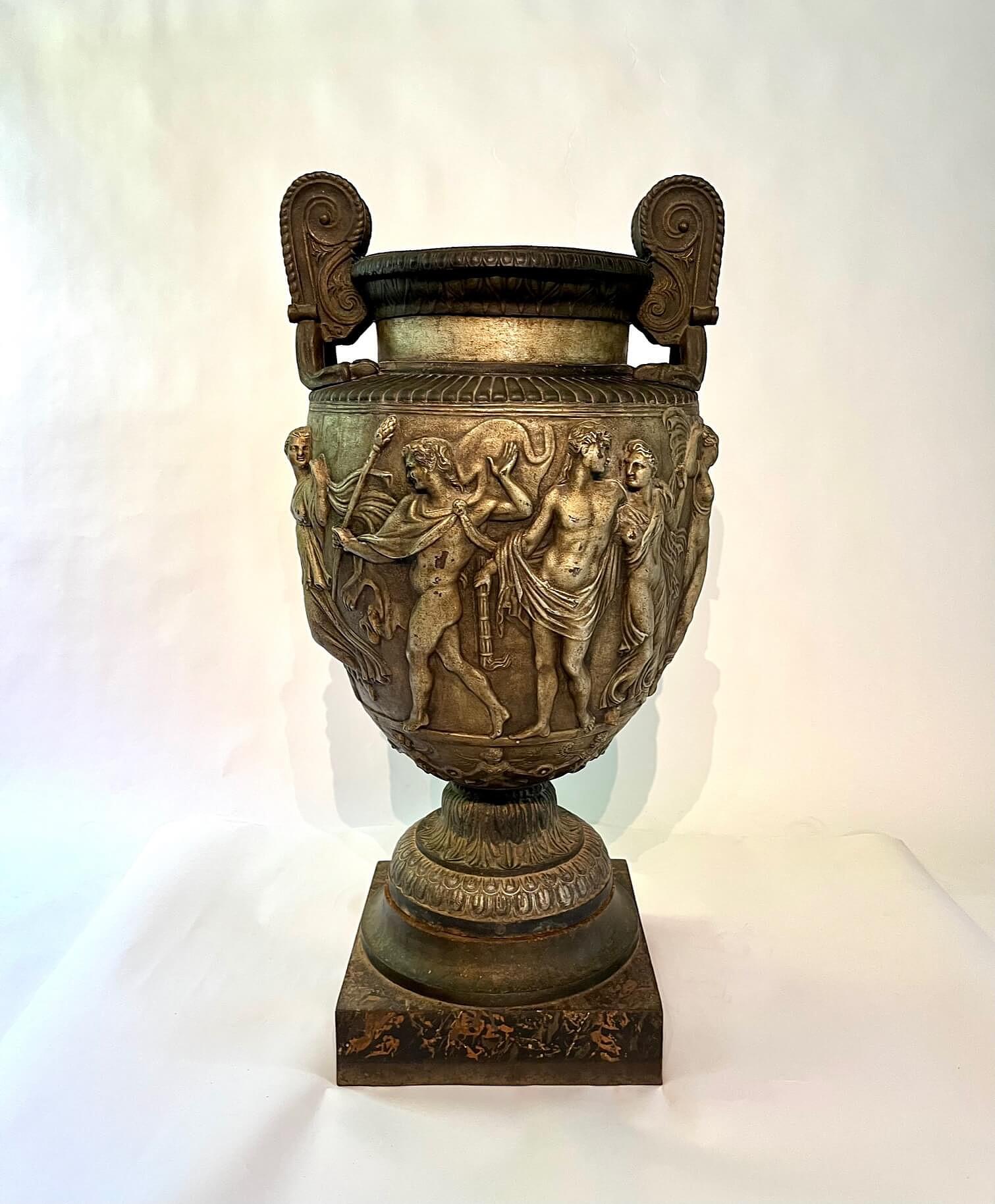 Rare and spectacular circa 1870 cast iron actual scale model of the Townley Vase by French foundry Val d'Osne, having original black and silver paint scheme on faux-marbre painted plinth, the volute-krater form vase decorated in high-relief with a