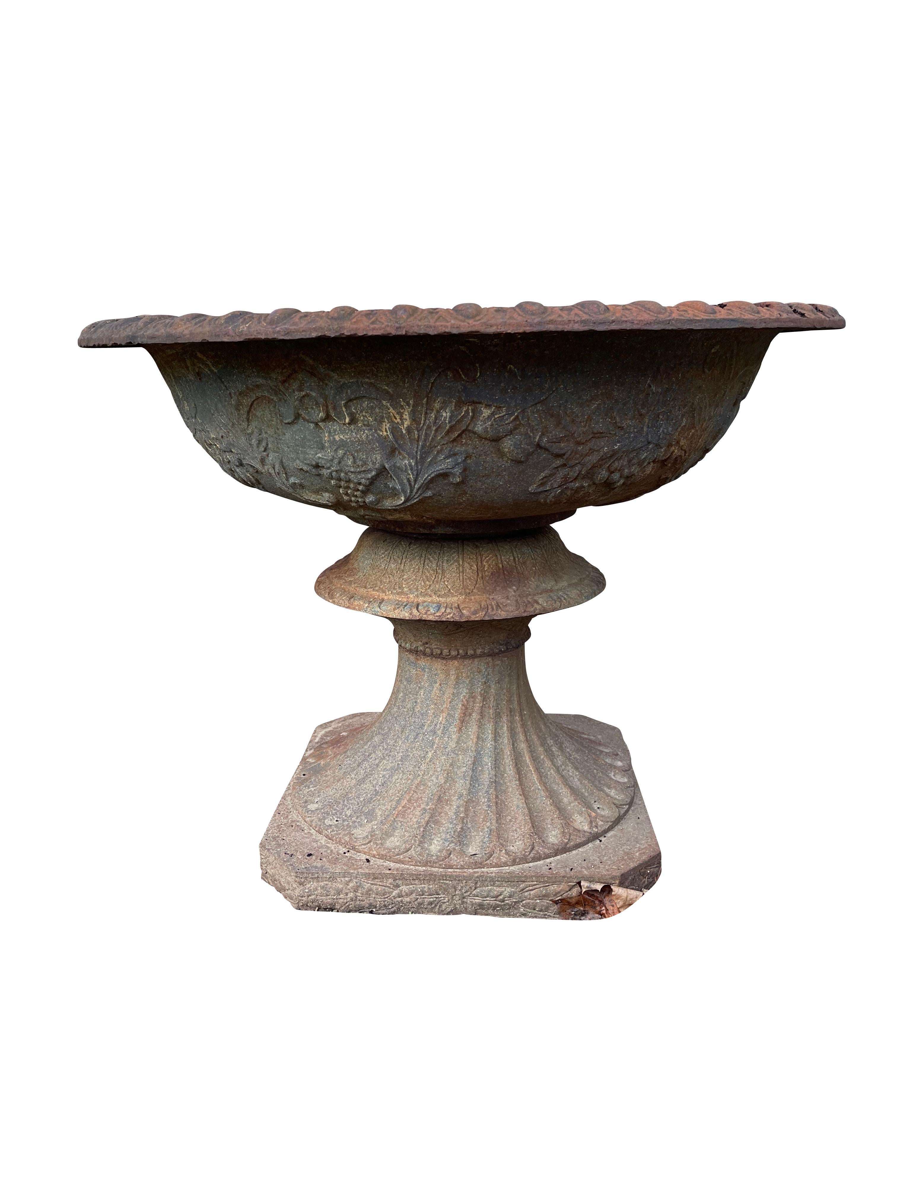 Neoclassical  Cast Iron Urns with Foliate and Grape Design For Sale