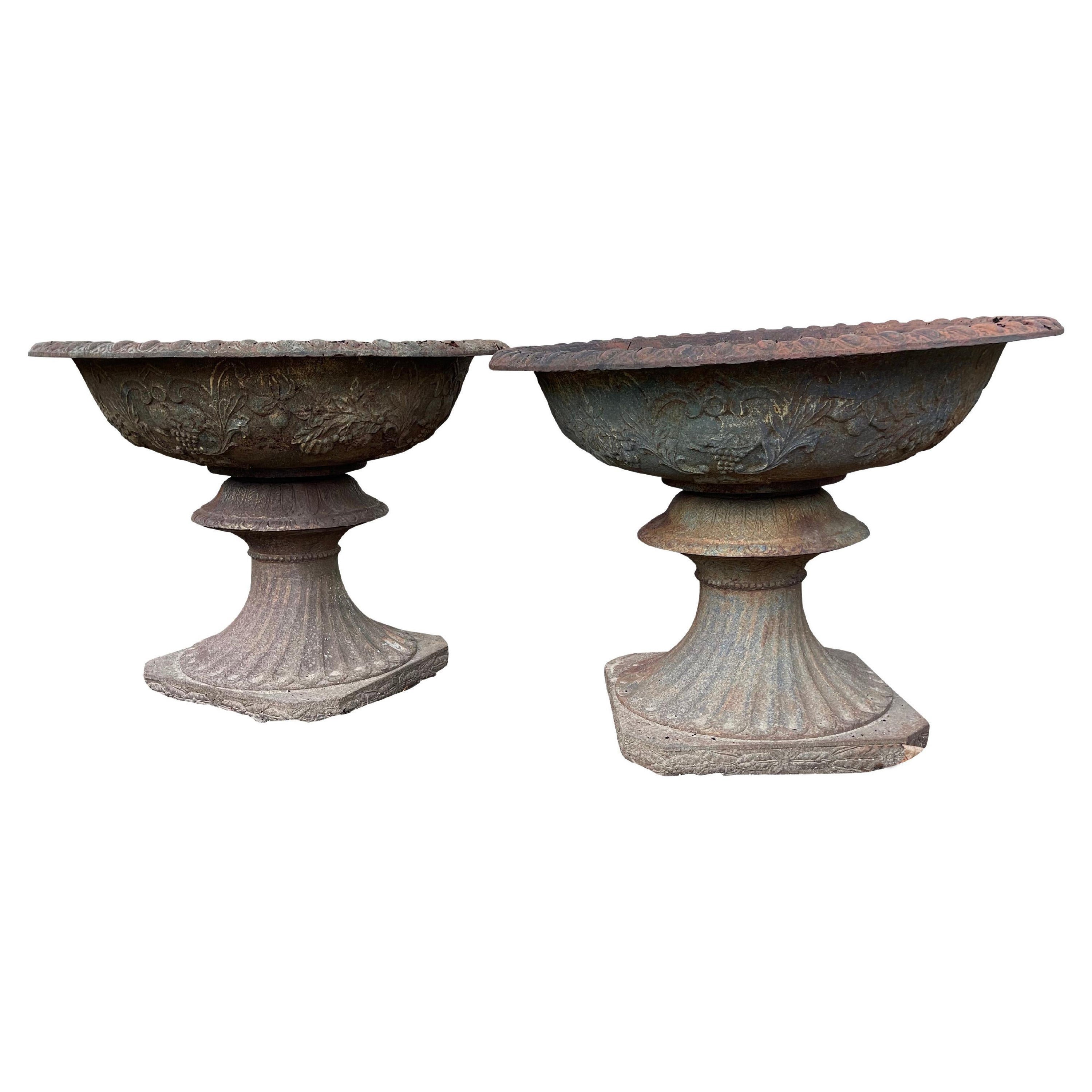 Monumental Cast Iron Urns with Foliate and Grape Design
