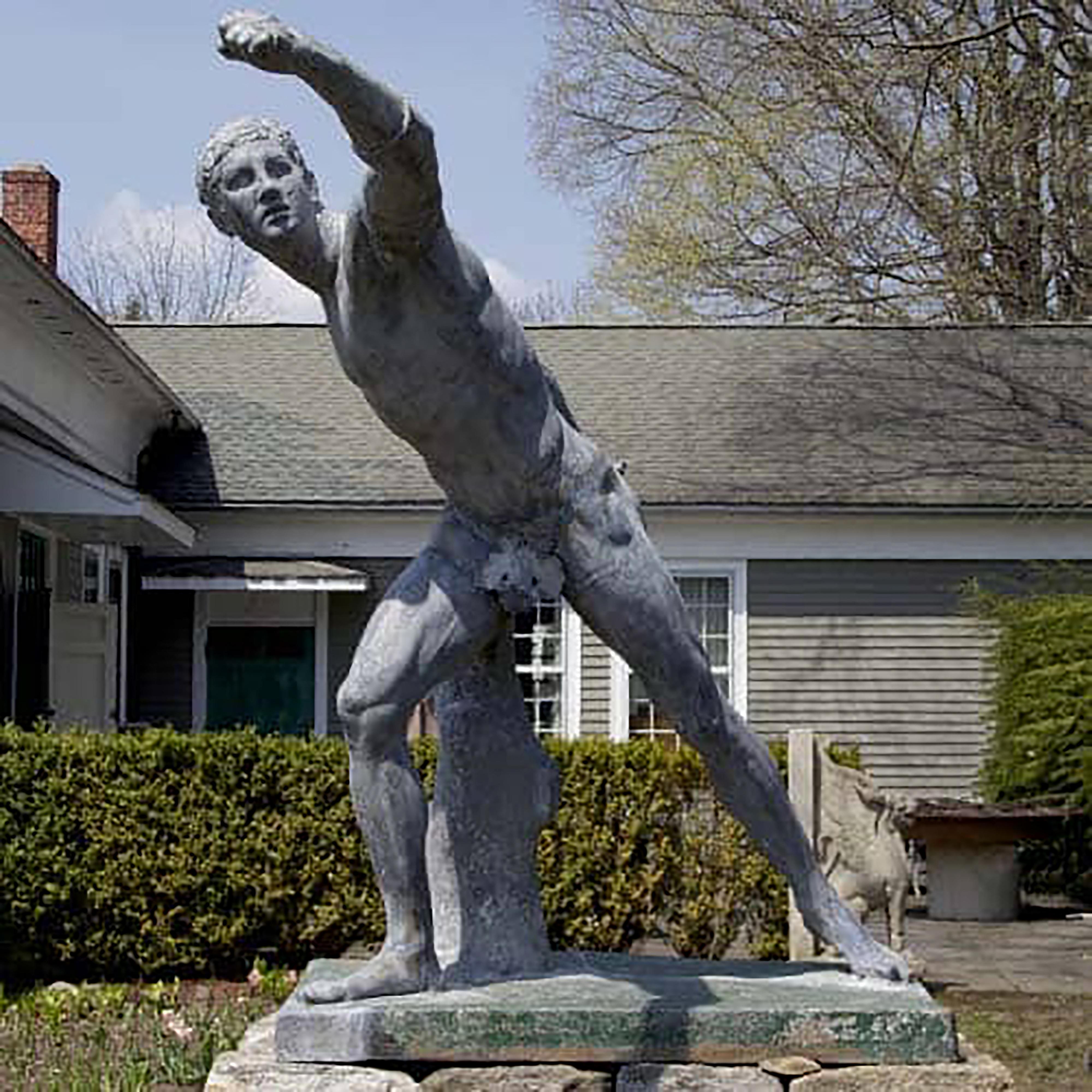 Cast Zinc Figure of the Borghese Gladiator by J.W. Fiske, New York, Circa 1892-1900. This sculpture is modeled from the Borghese Gladiator of Antiquity. The original Borghese Gladiator is a Hellenistic life-size marble sculpture actually portraying