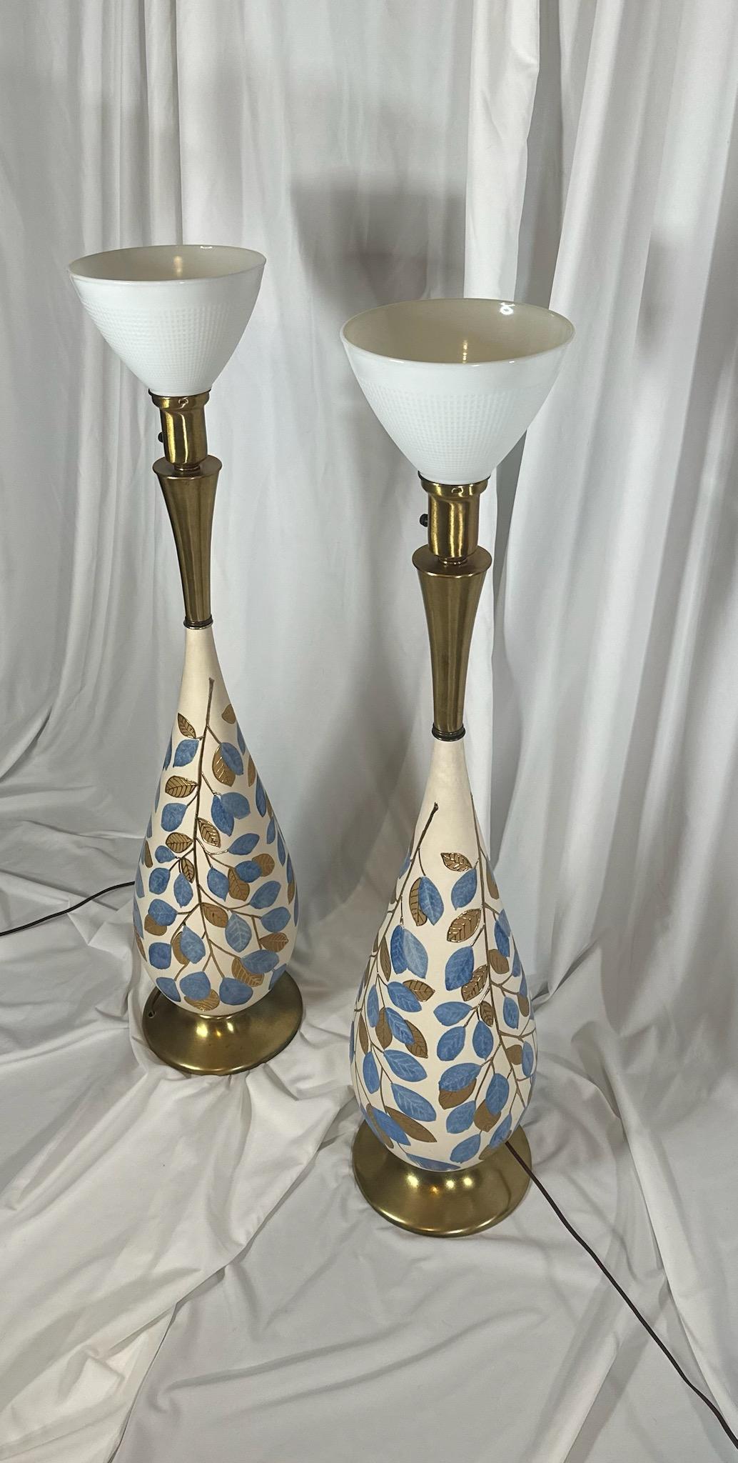 Monumental Mid Century Porcelain and Brass Genie Torchiere Lamps For Sale 11