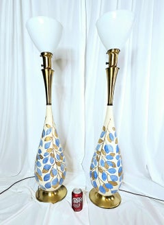 Monumental Mid Century Porcelain and Brass Genie Torchiere Lamps