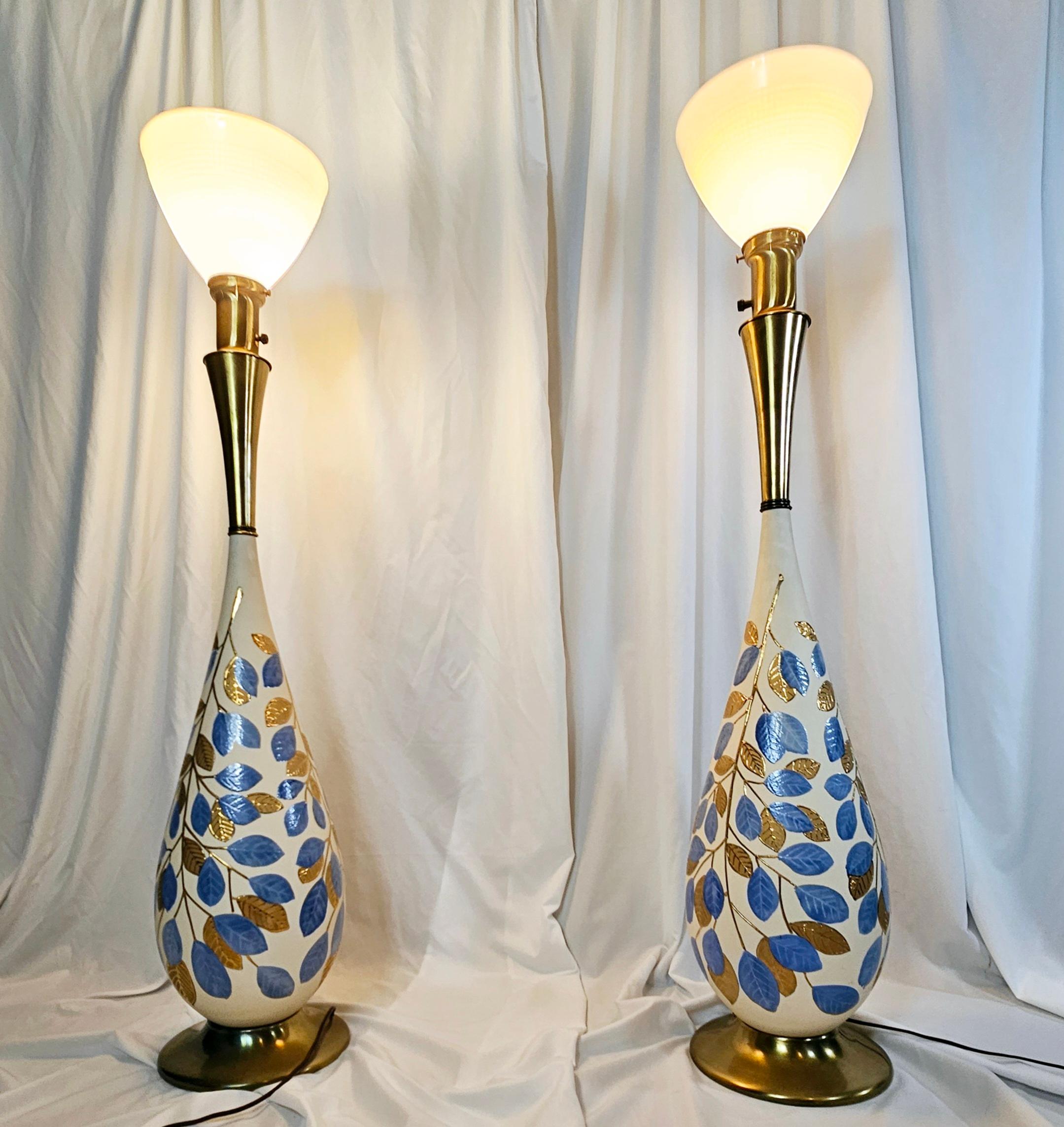 Mid-Century Modern Monumental Mid Century Porcelain and Brass Genie Torchiere Lamps For Sale