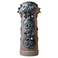 Vintage Monumental Ceramic Floor Vase with Green Flowers by Flemming Ross, 1970s