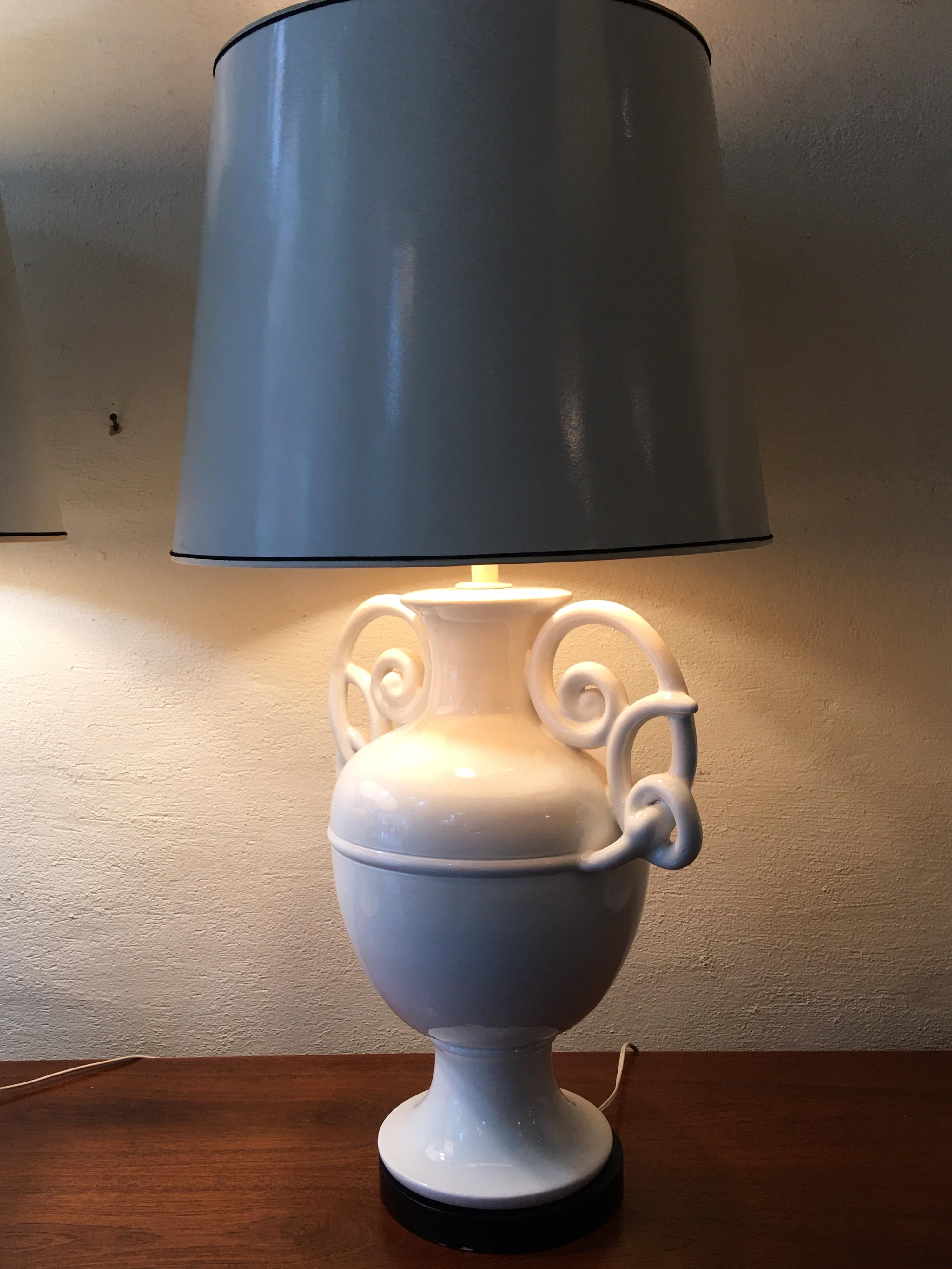 Monumental Ceramic Italian Urn Lamps with Curly Handles/  Style of Giacometti 4