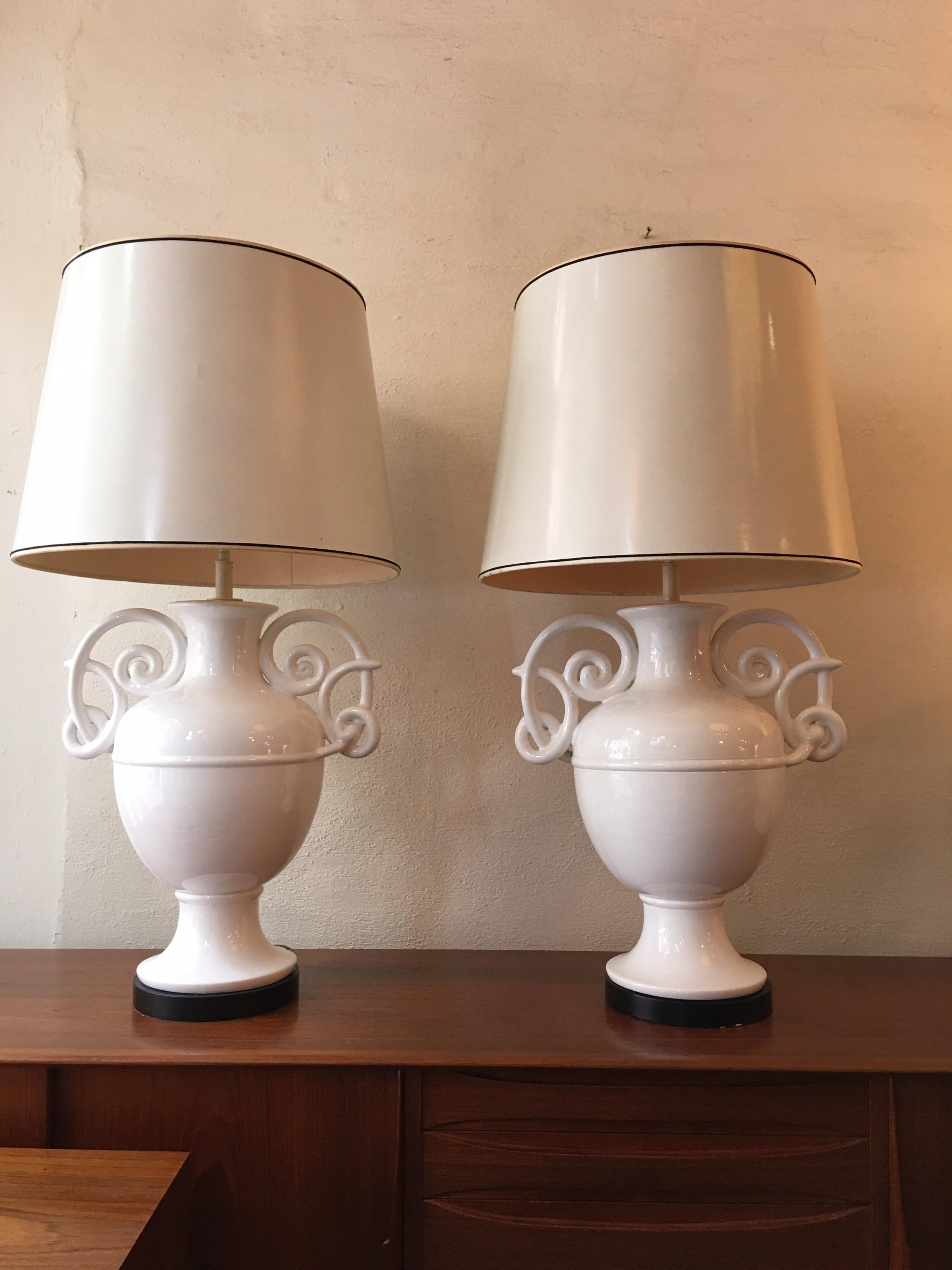 Hollywood Regency Monumental Ceramic Italian Urn Lamps with Curly Handles/  Style of Giacometti