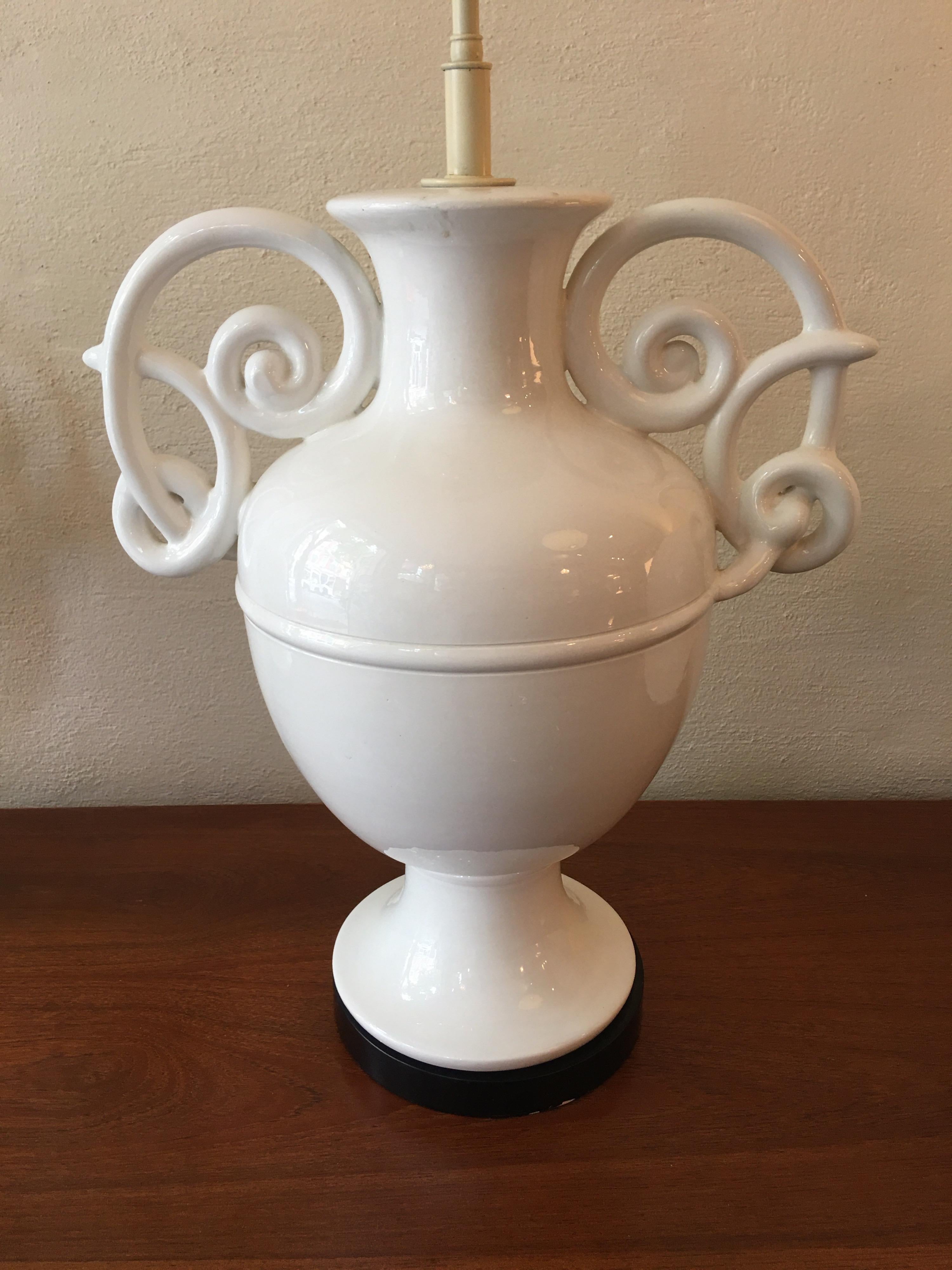 Mid-20th Century Monumental Ceramic Italian Urn Lamps with Curly Handles/  Style of Giacometti